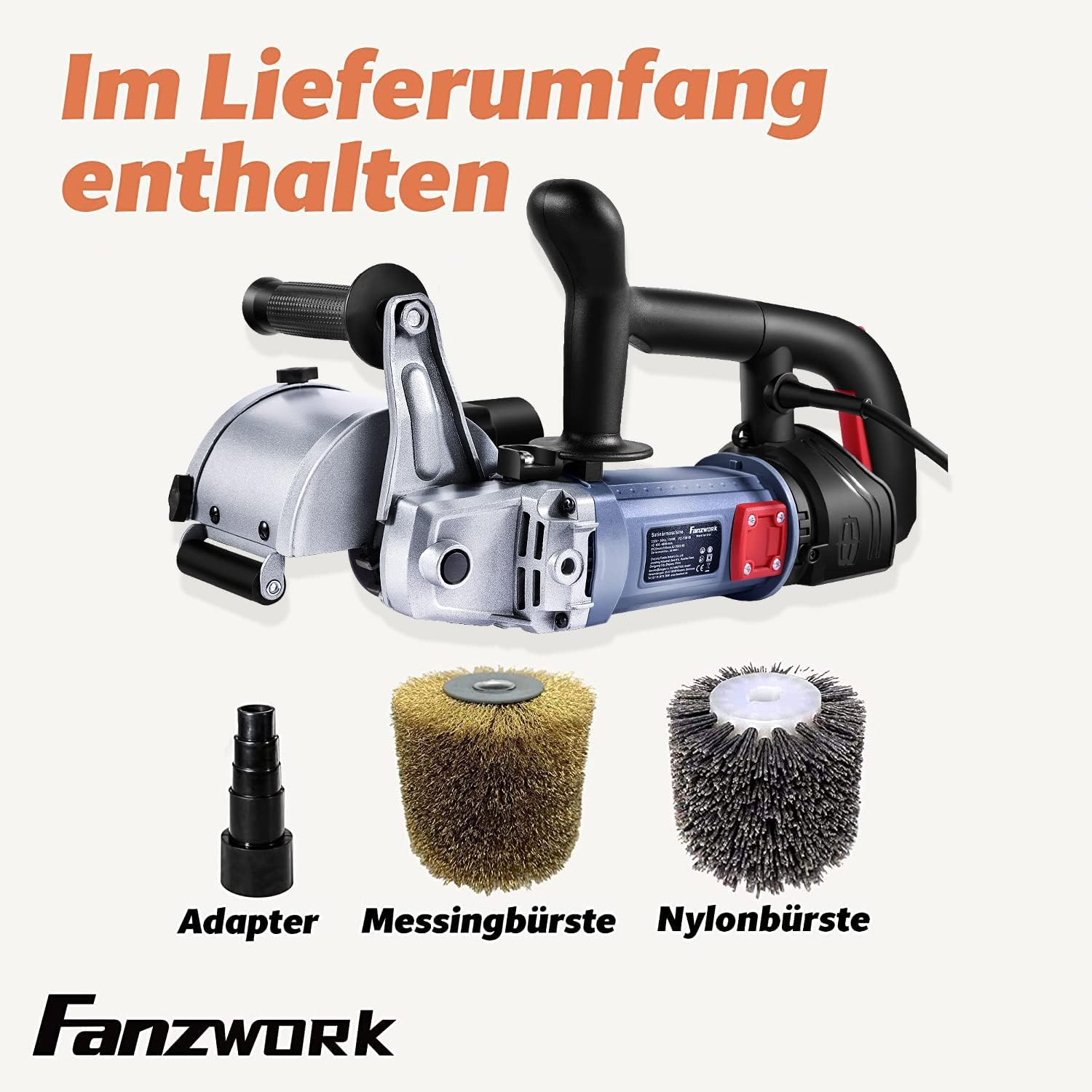 Blaue Fanzwork Fräse mit Zubehör: Adapter, Messingbürste und Nylonbürste.