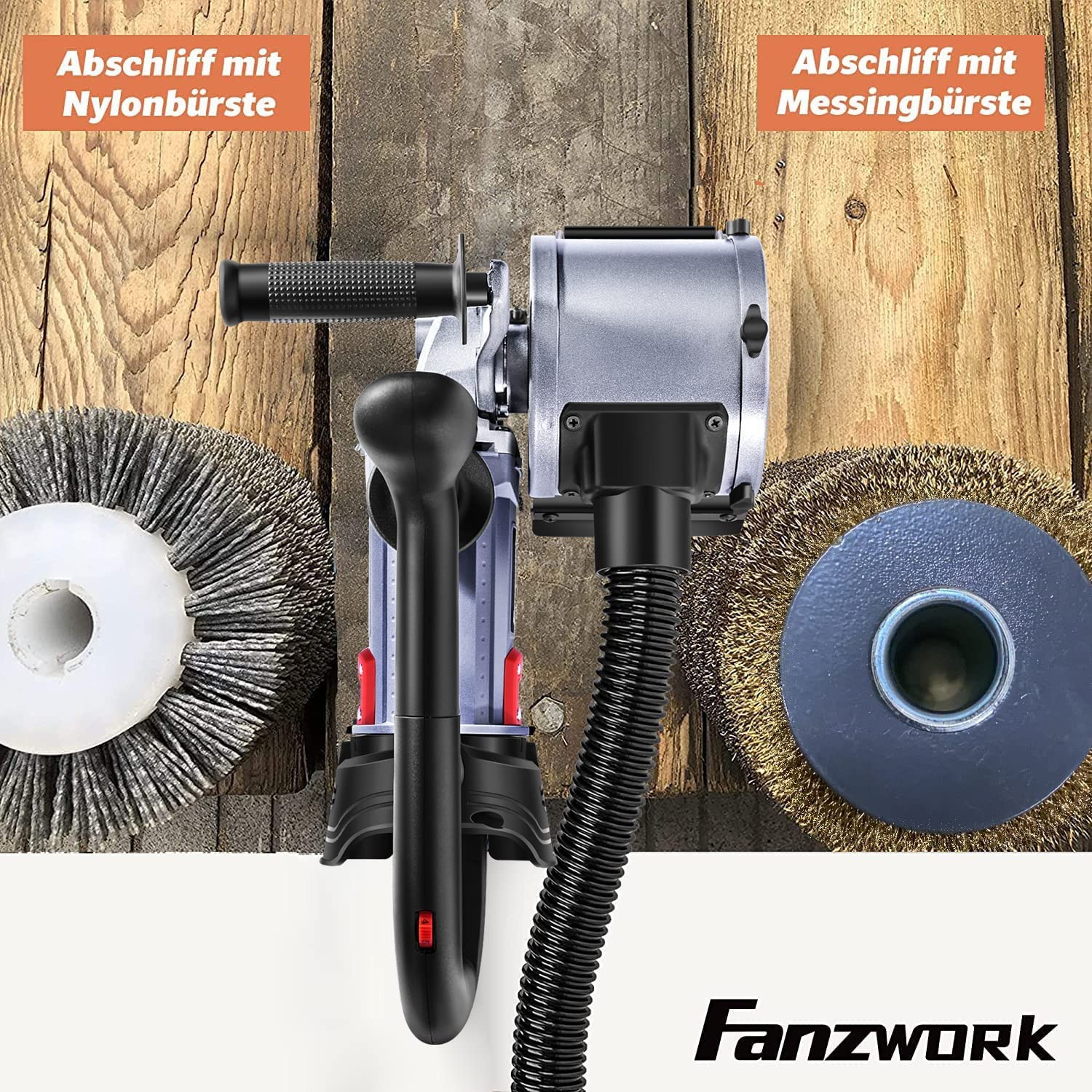 Polstiermaschine mit zwei Bürsten und Staubabsaugung auf Holz.
