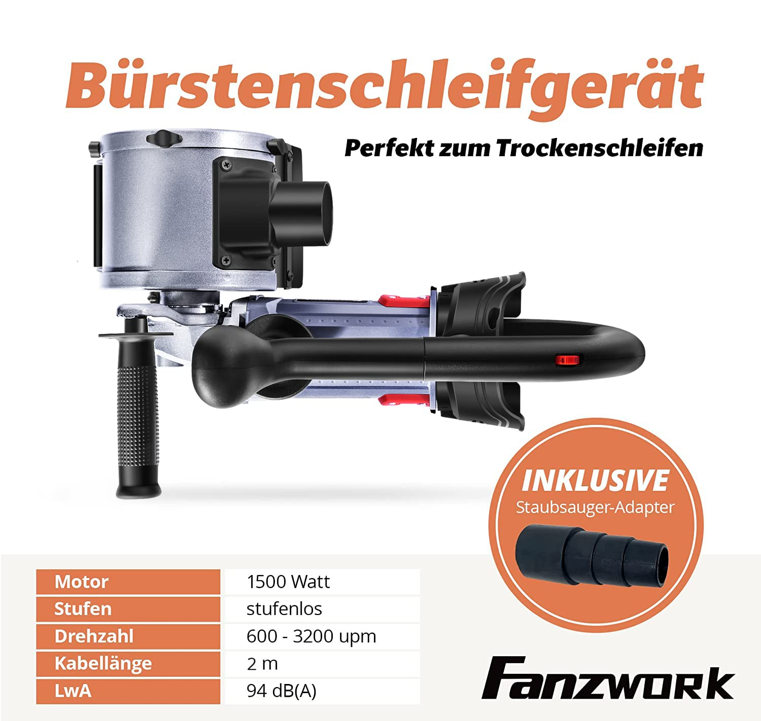 Bürstenschleifgerät mit 1500W, Staubsauger-Adapter und technischen Daten auf weißem Hintergrund.