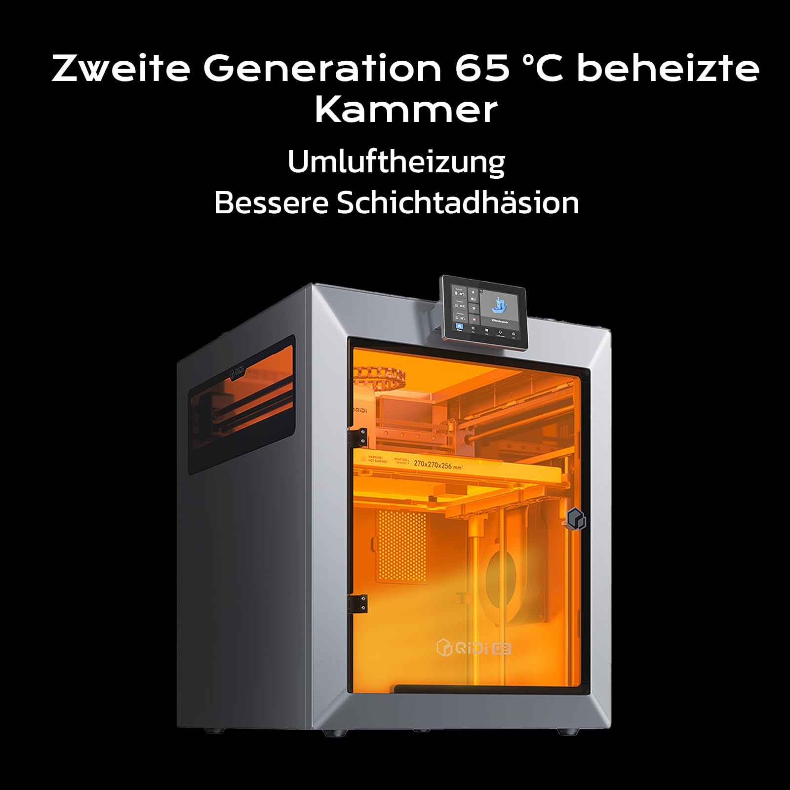 Imprimante 3D avec chambre chauffée et éclairage orange sur fond noir.