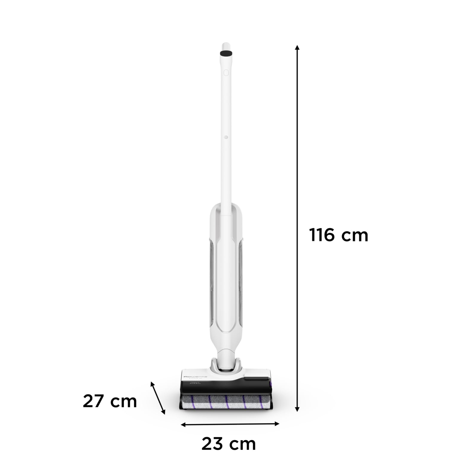 Aspirapolvere senza filo bianco su fondo bianco con dimensioni: 116 cm di altezza, 23 cm di larghezza, 27 cm di profondità.