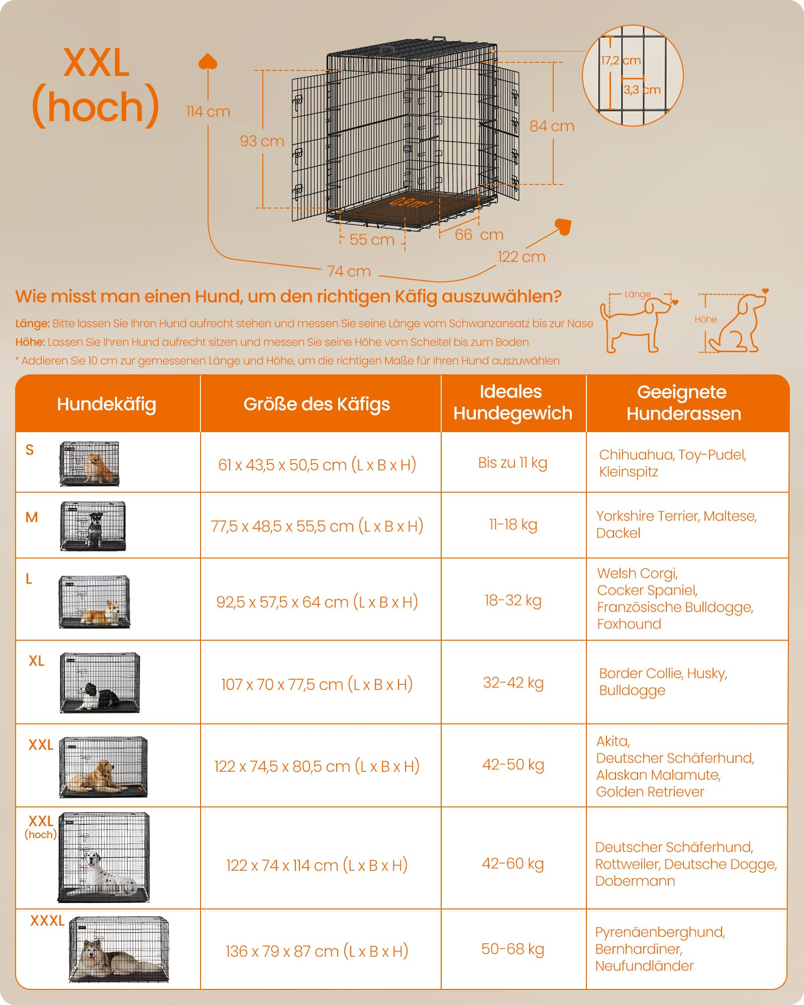 L'infografica mostra le dimensioni della gabbia XXL e la tabella delle taglie per razza.