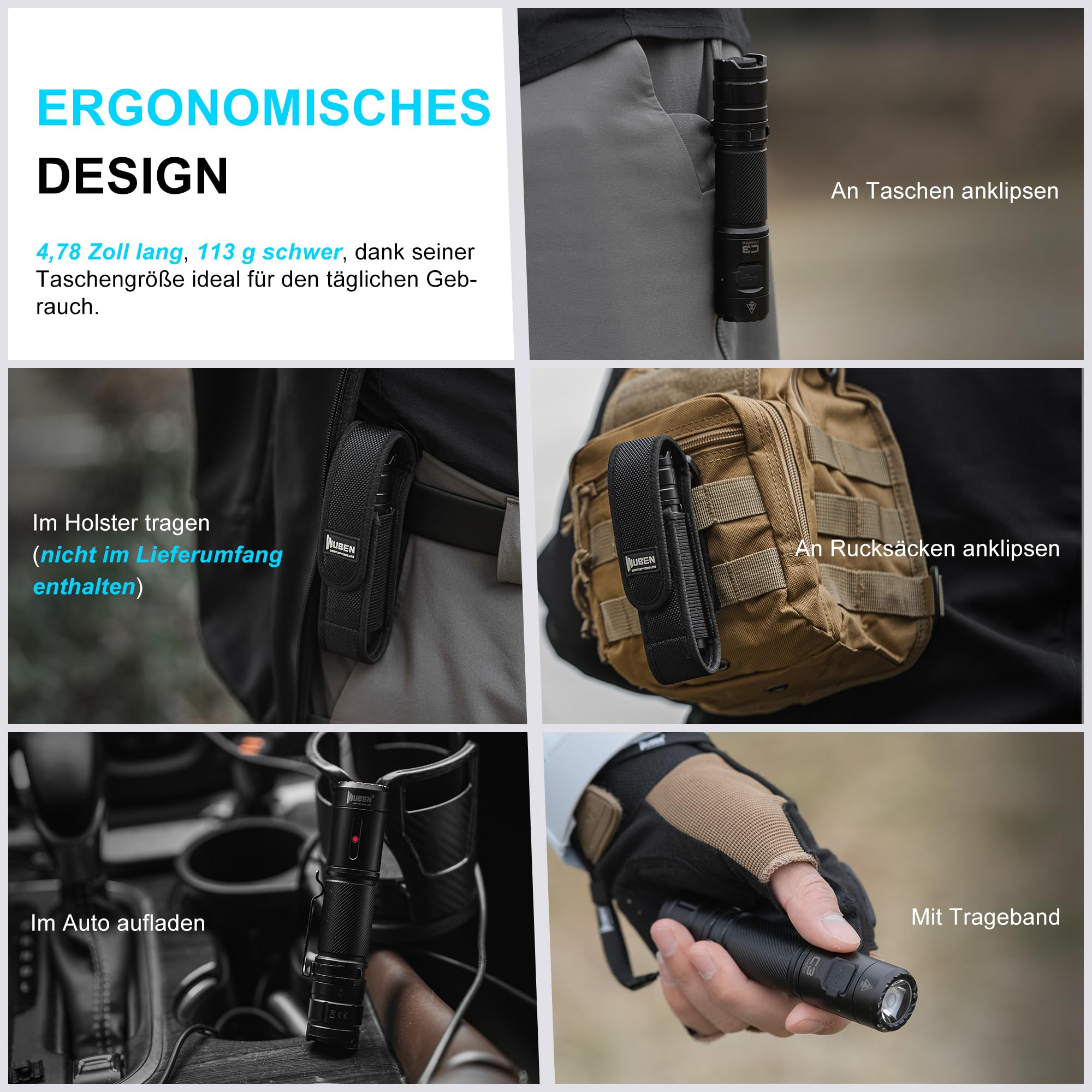 Image en six panneaux montrant une lampe de poche compacte attachée à des poches, des étuis, des sacs et en main.
