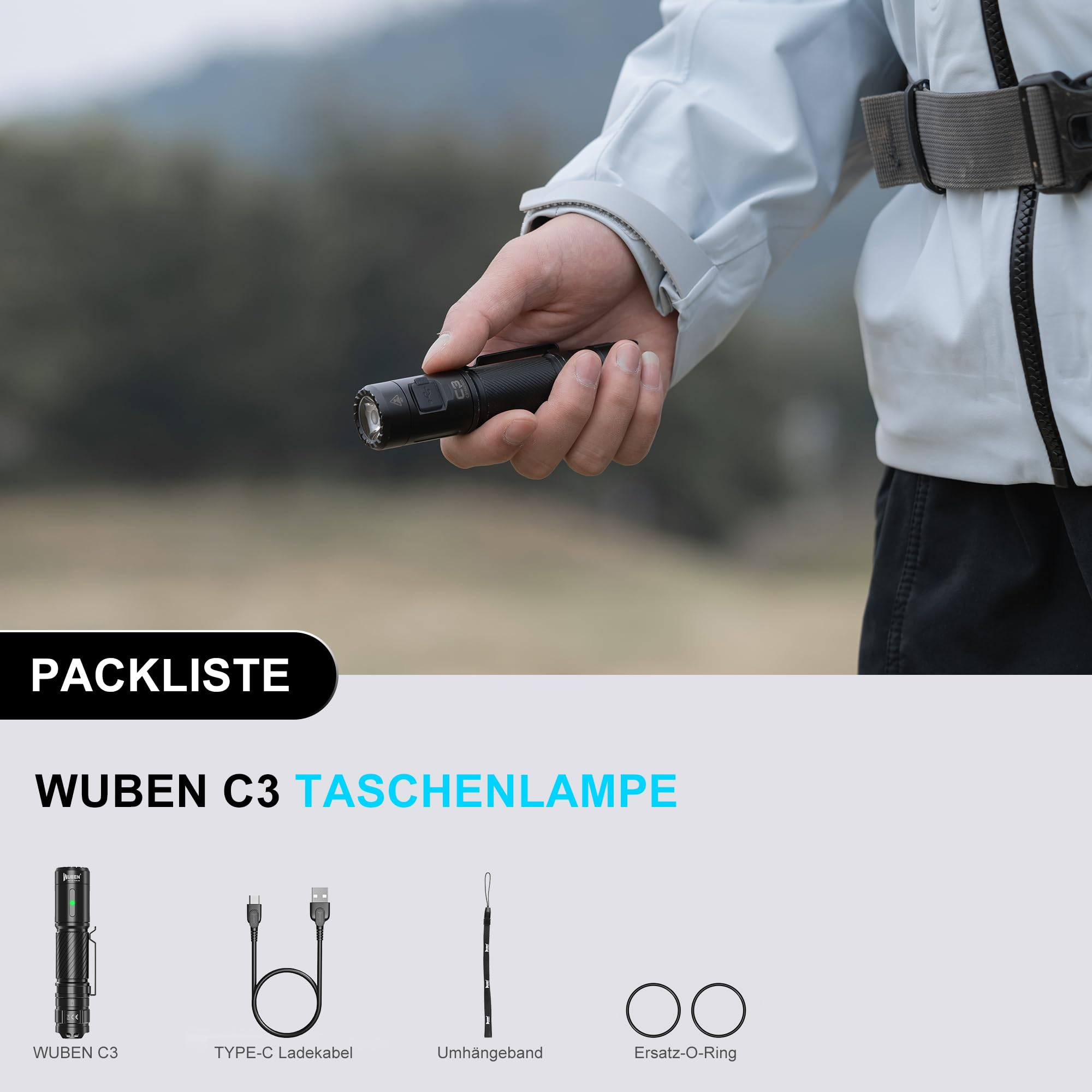 Une personne tient une lampe de poche Wuben C3, la liste des accessoires inclus est en dessous.
