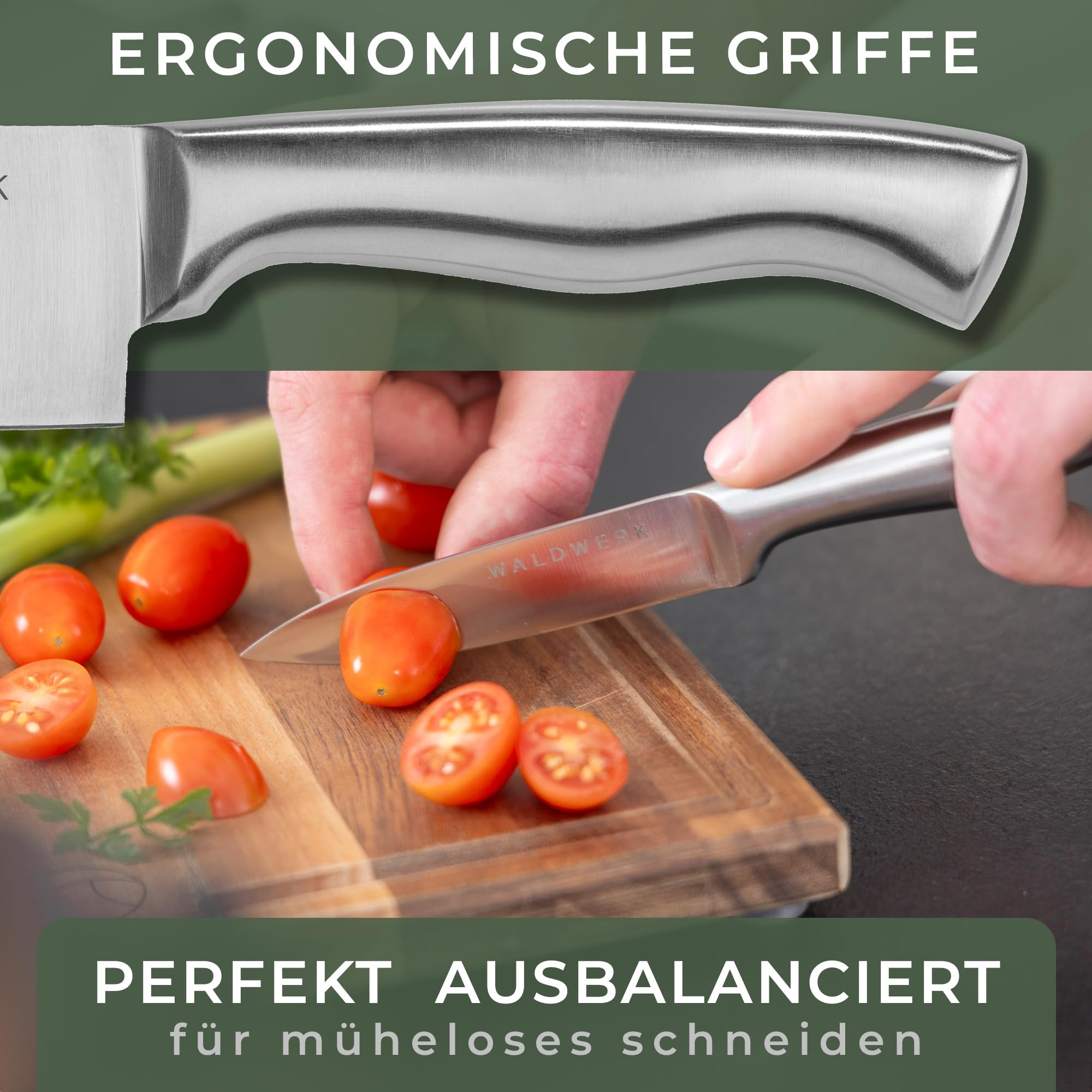 Ein Edelstahlmesser schneidet kleine rote Tomaten auf einem Holzbrett. Text oben und unten.