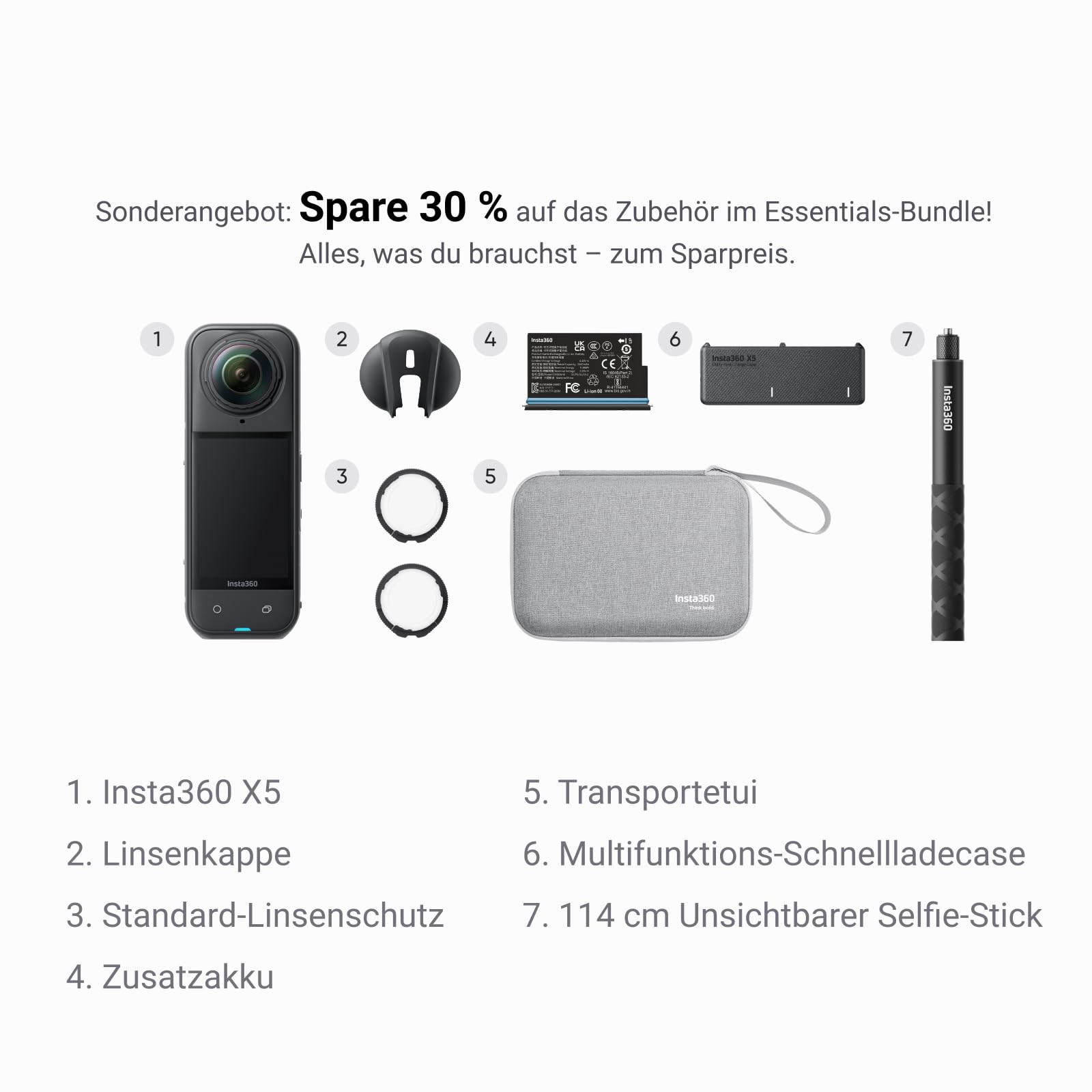 Publicité pour le pack Insta360 X5 Essentials avec caméra, protections d'objectifs, batterie et perche.