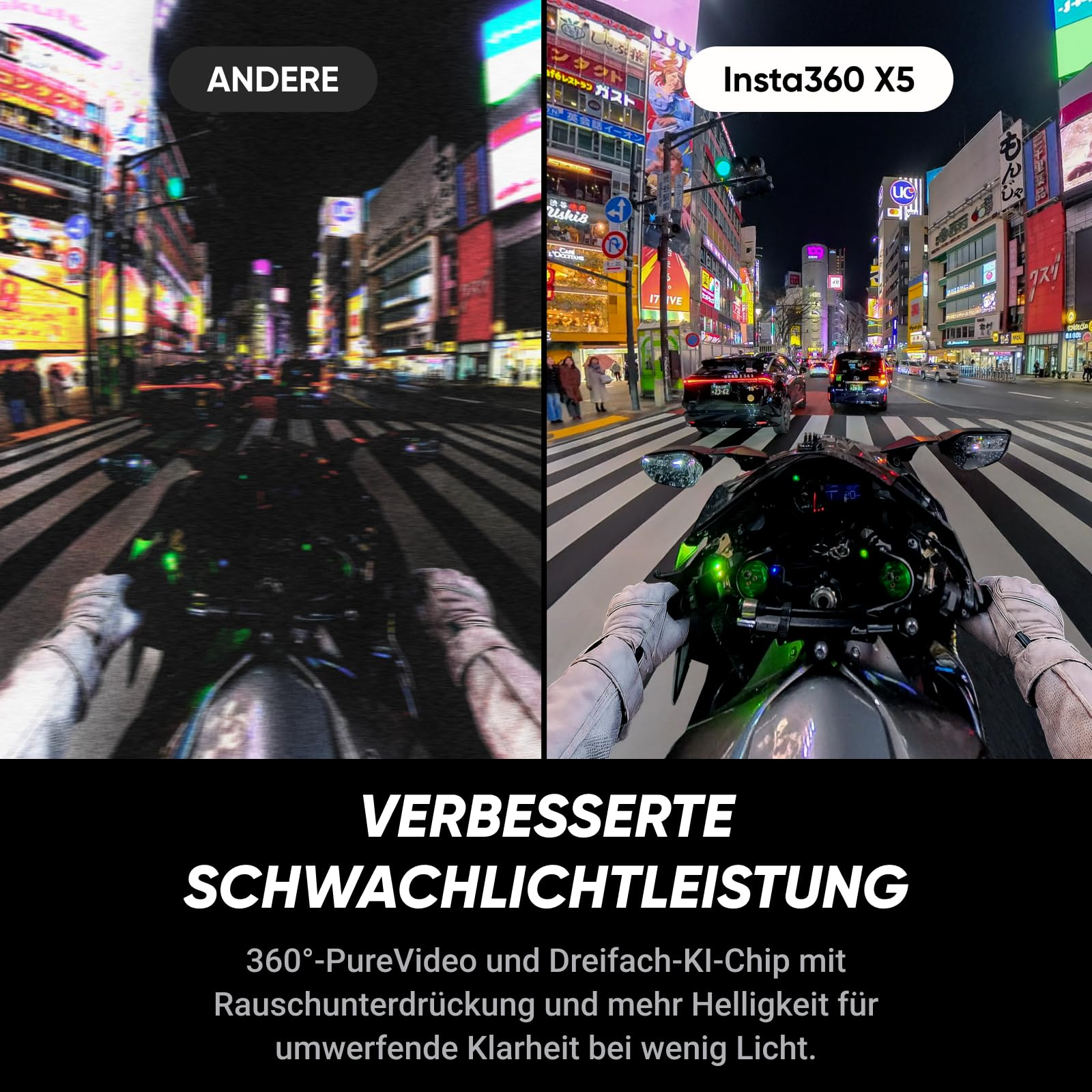 Comparaison de deux photos de nuit depuis une moto devant un décor urbain illuminé au néon.