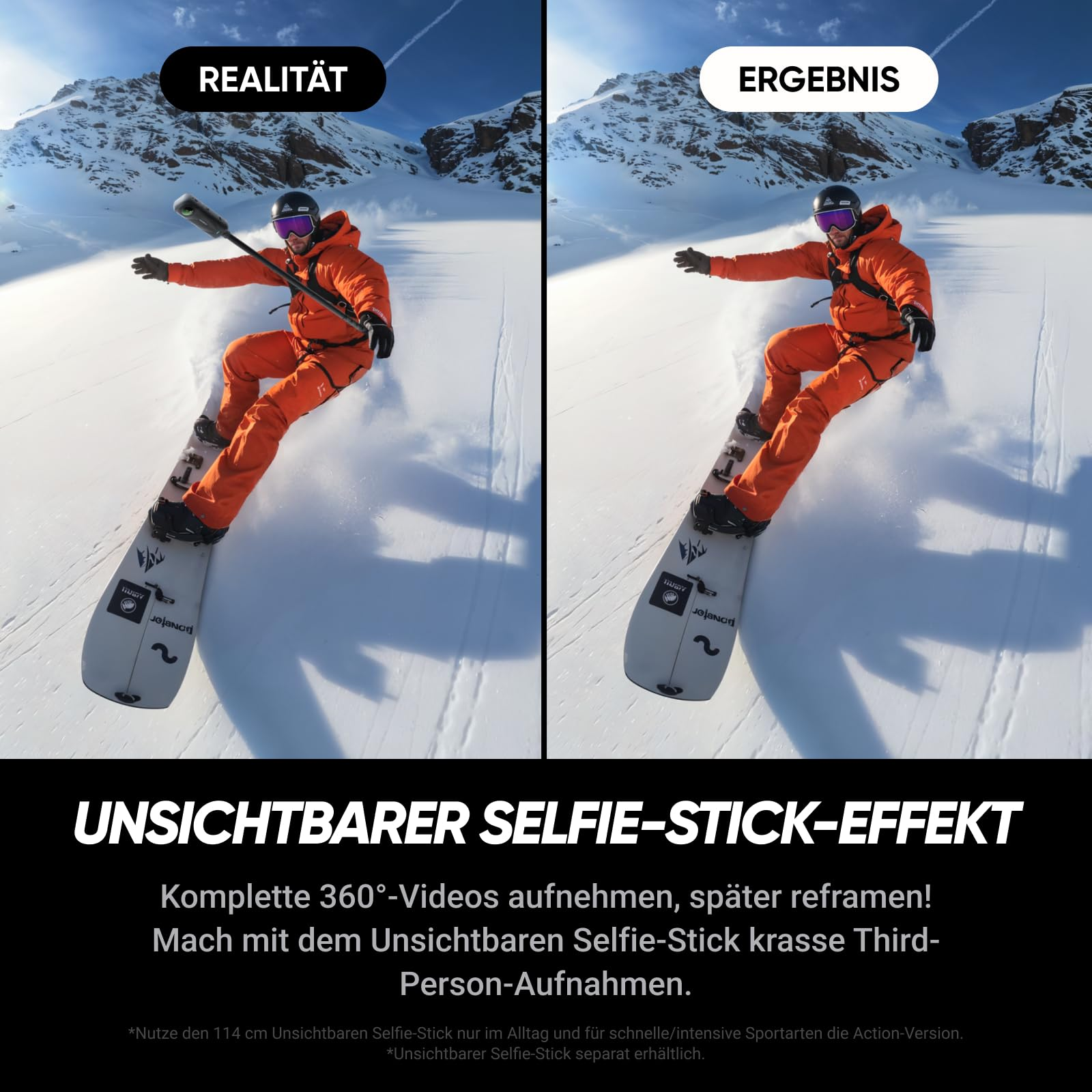 Comparaison d'un snowboardeur avec et sans perche à selfie visible.