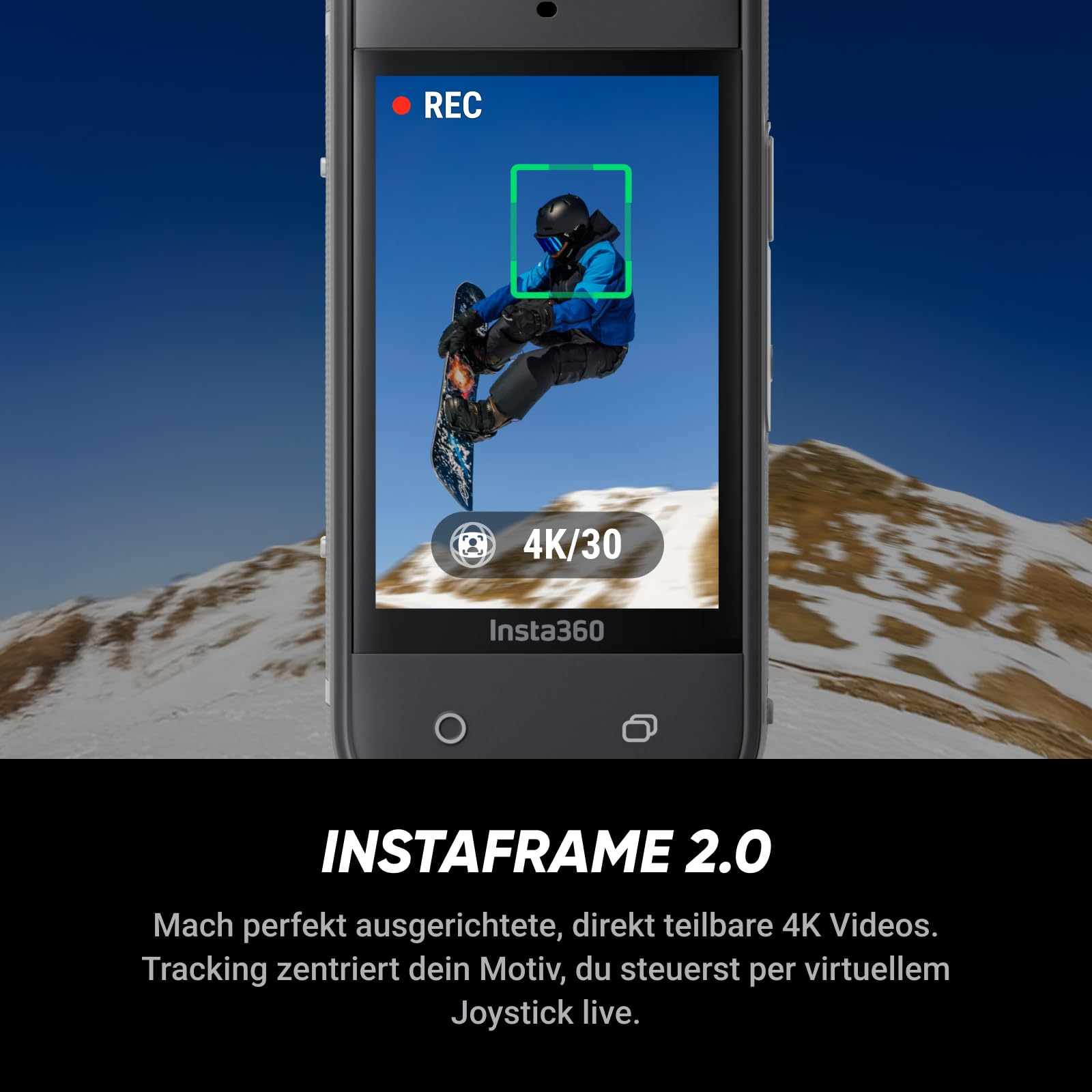 Smartphone affiche un saut en snowboard avec enregistrement 4K.