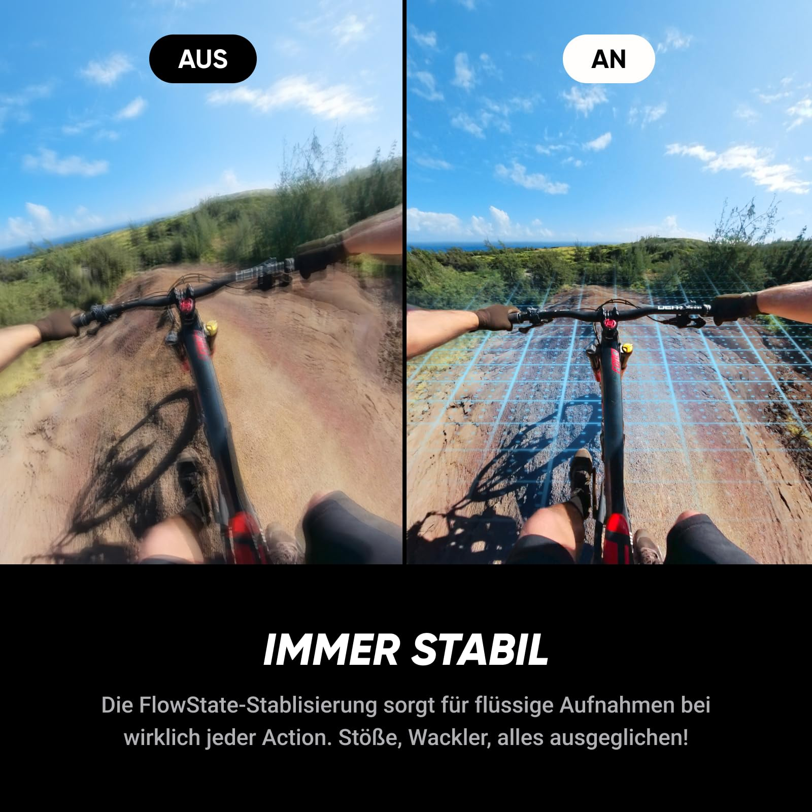 Comparaison de deux prises de vue à vélo : à gauche instable avec flou, à droite stabilisée avec une grille bleue.