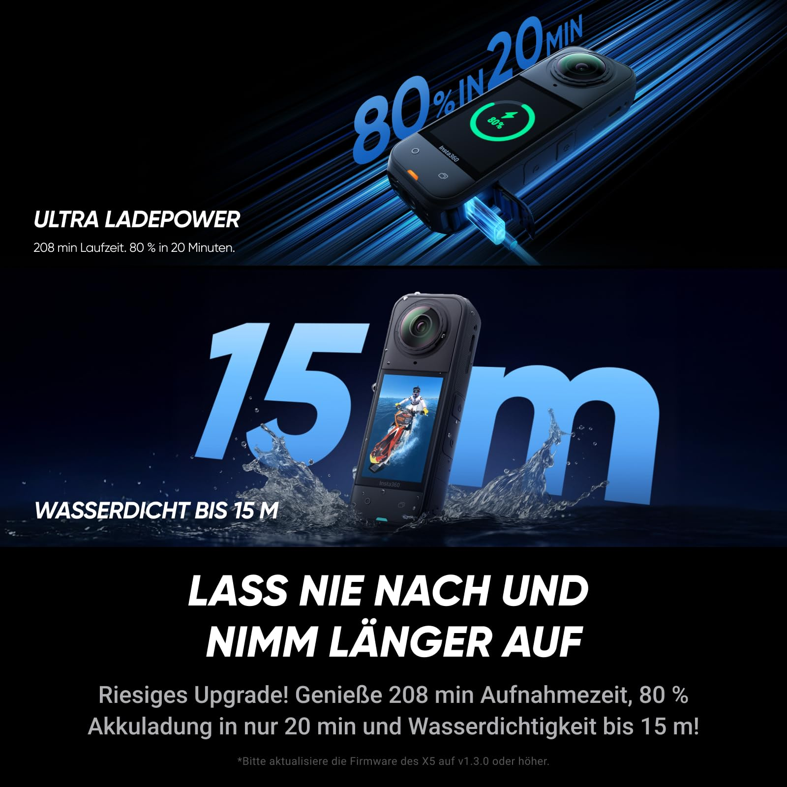 Caméra Insta360 vantant une charge rapide à 80% en 20 min et une étanchéité jusqu'à 15m.