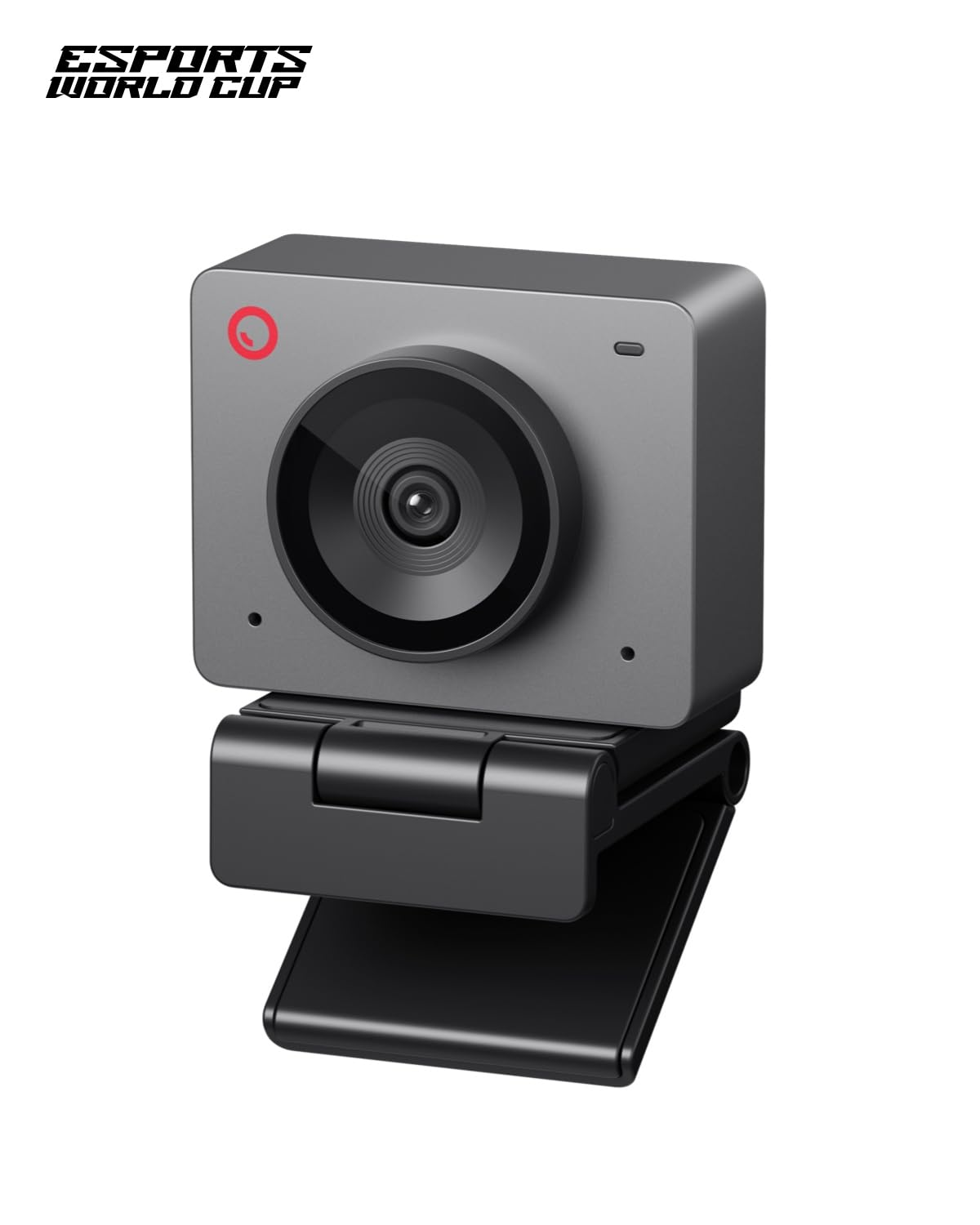 Una webcam grigia con un grande obiettivo centrale e un supporto nero flessibile su sfondo bianco.