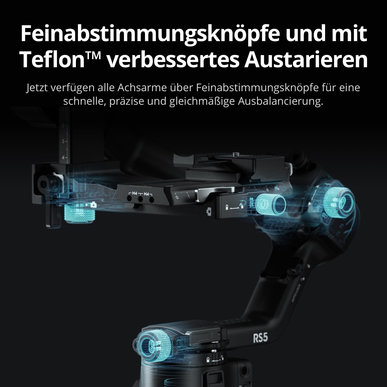 Gros plan d'un stabilisateur RS5 avec des boutons de réglage fin et des reflets bleus sur fond noir.