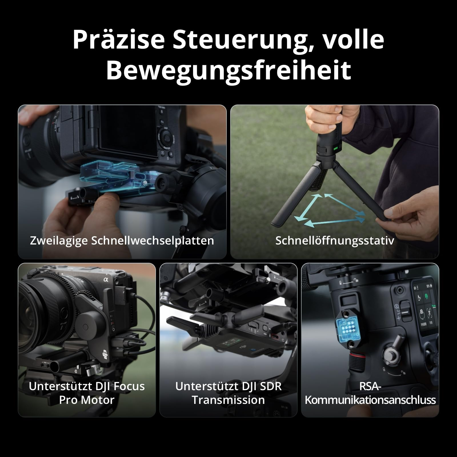 Quatre images montrant les caractéristiques du stabilisateur de caméra comme les plaques, le trépied et le moteur.