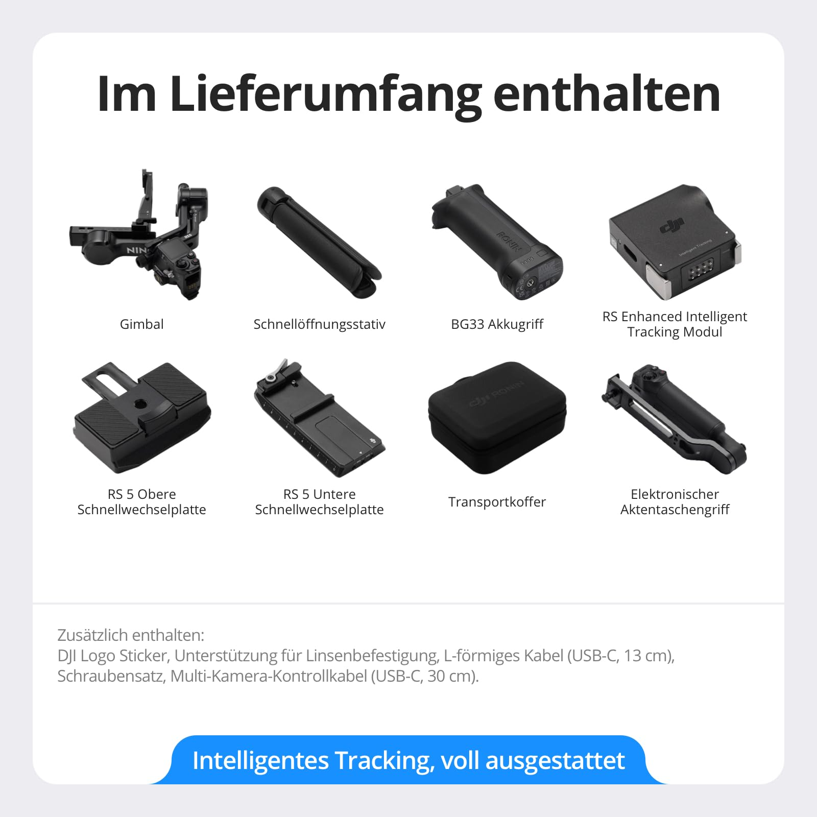 Articles inclus d'un kit stabilisateur DJI RS avec stabilisateur, trépied, poignée, module, plaques et étui.