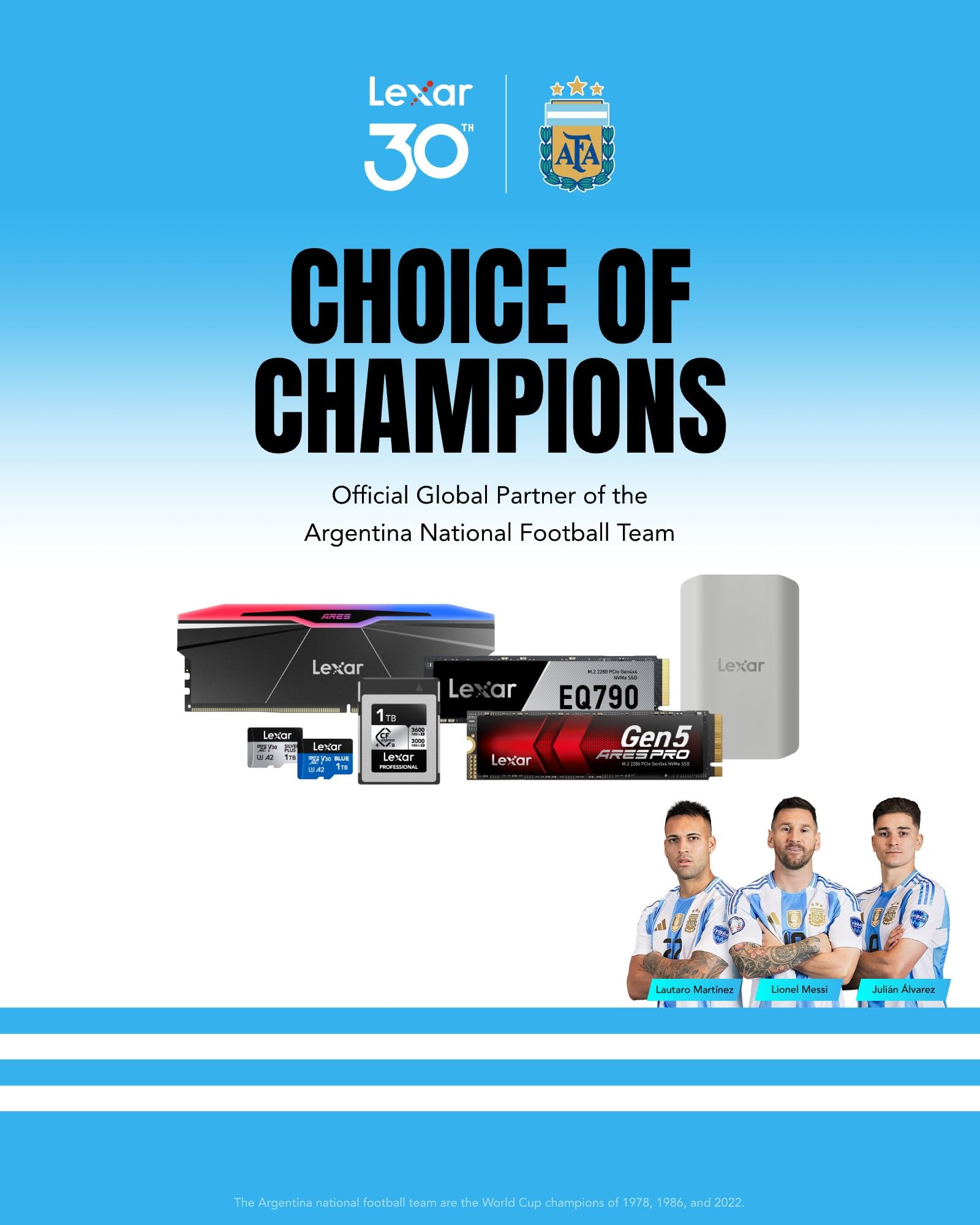 Publicité du 30e anniversaire de Lexar avec des joueurs argentins et des produits tech.