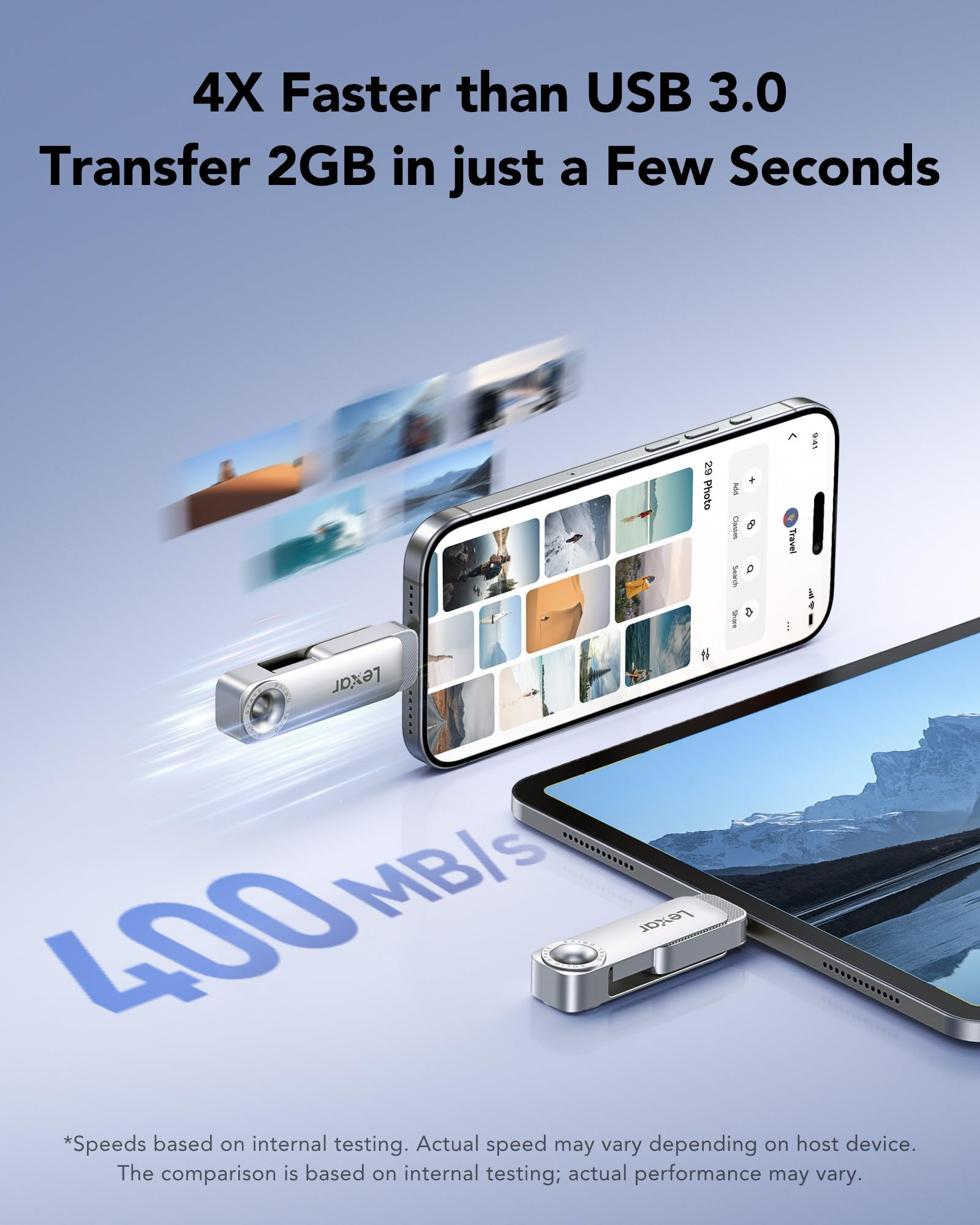 Le chiavette USB Lexar a 400 MB/s trasferiscono rapidamente i dati su smartphone e tablet.