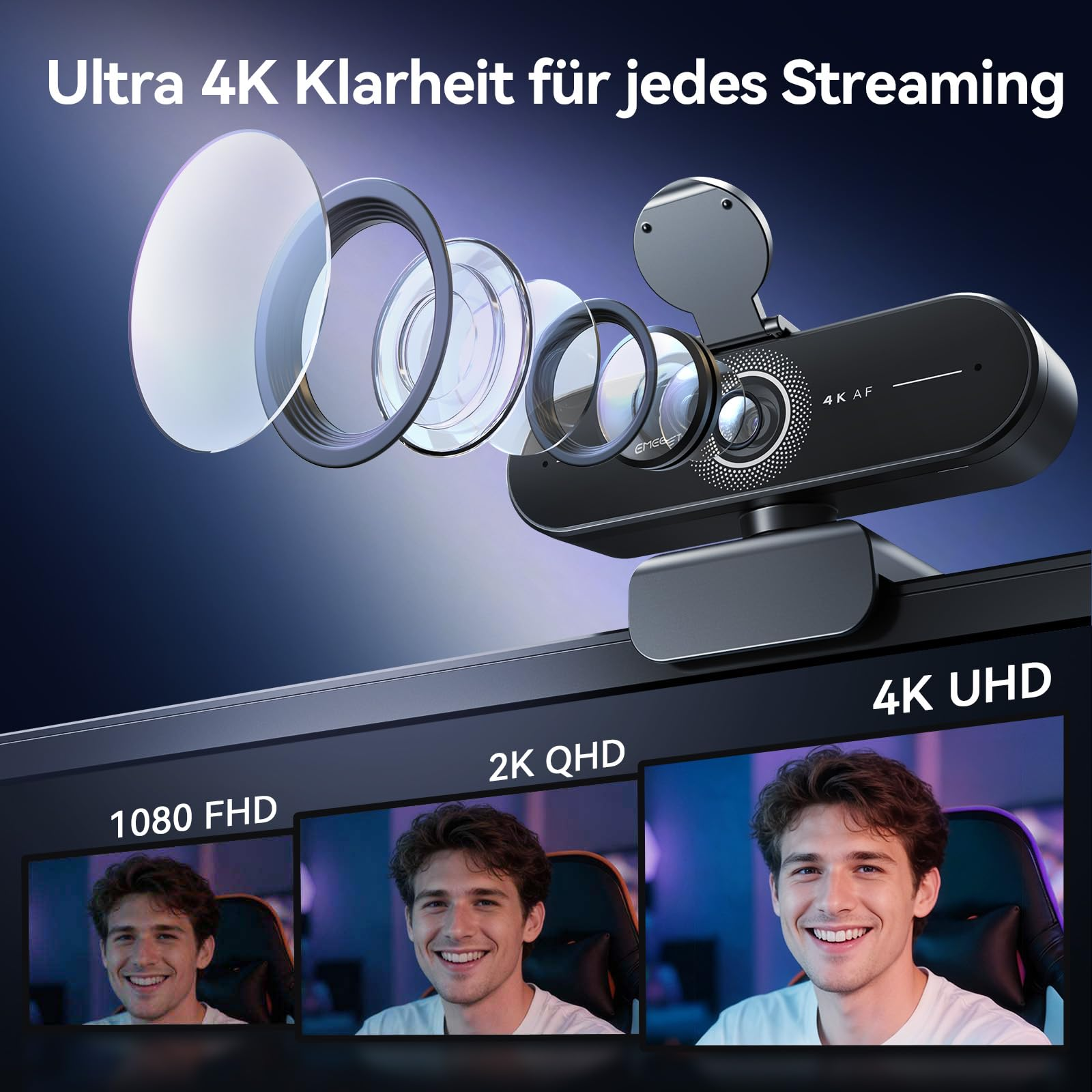 Una webcam con lenti smontate e schermi che mostrano risoluzioni da 1080p a 4K UHD.