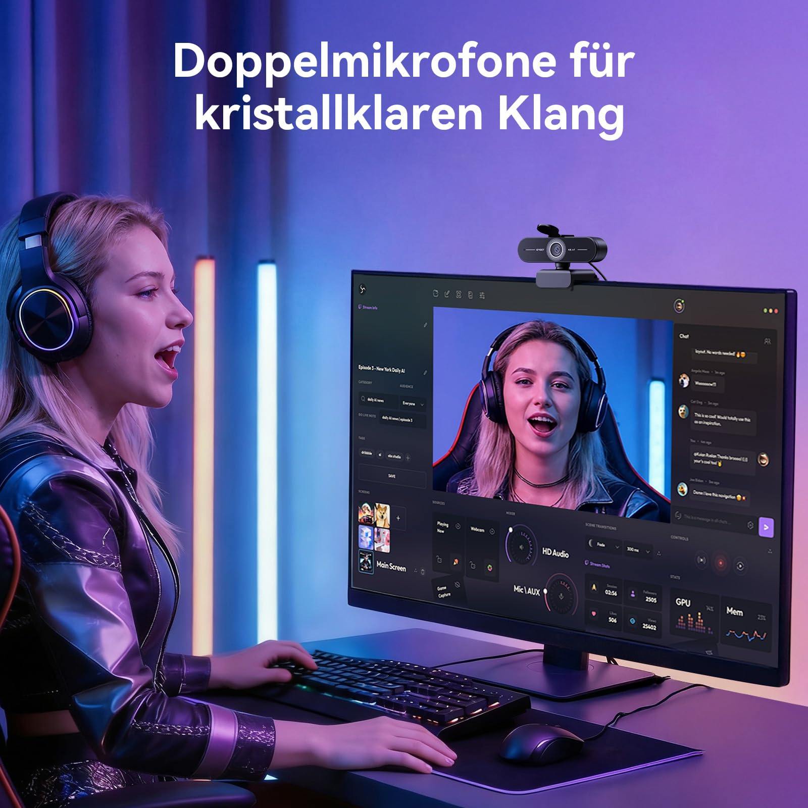 Una streamer con cuffie siede davanti al monitor, digita sulla tastiera e usa una webcam.