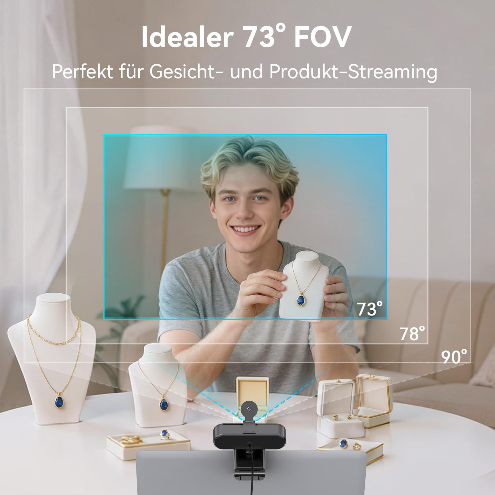 Una webcam su un tavolo mostra un uomo che presenta gioielli, con diagrammi che indicano diverse angolazioni.