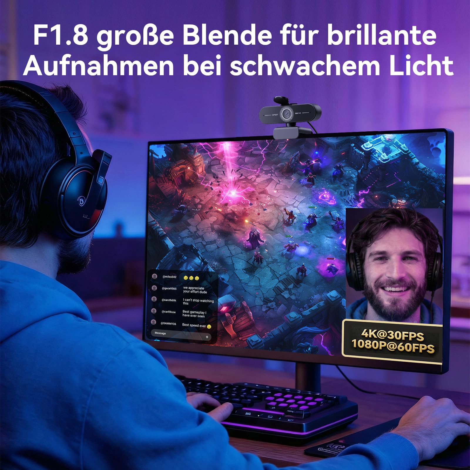 Un giocatore usa una webcam su un monitor per lo streaming live con chat e video PiP.