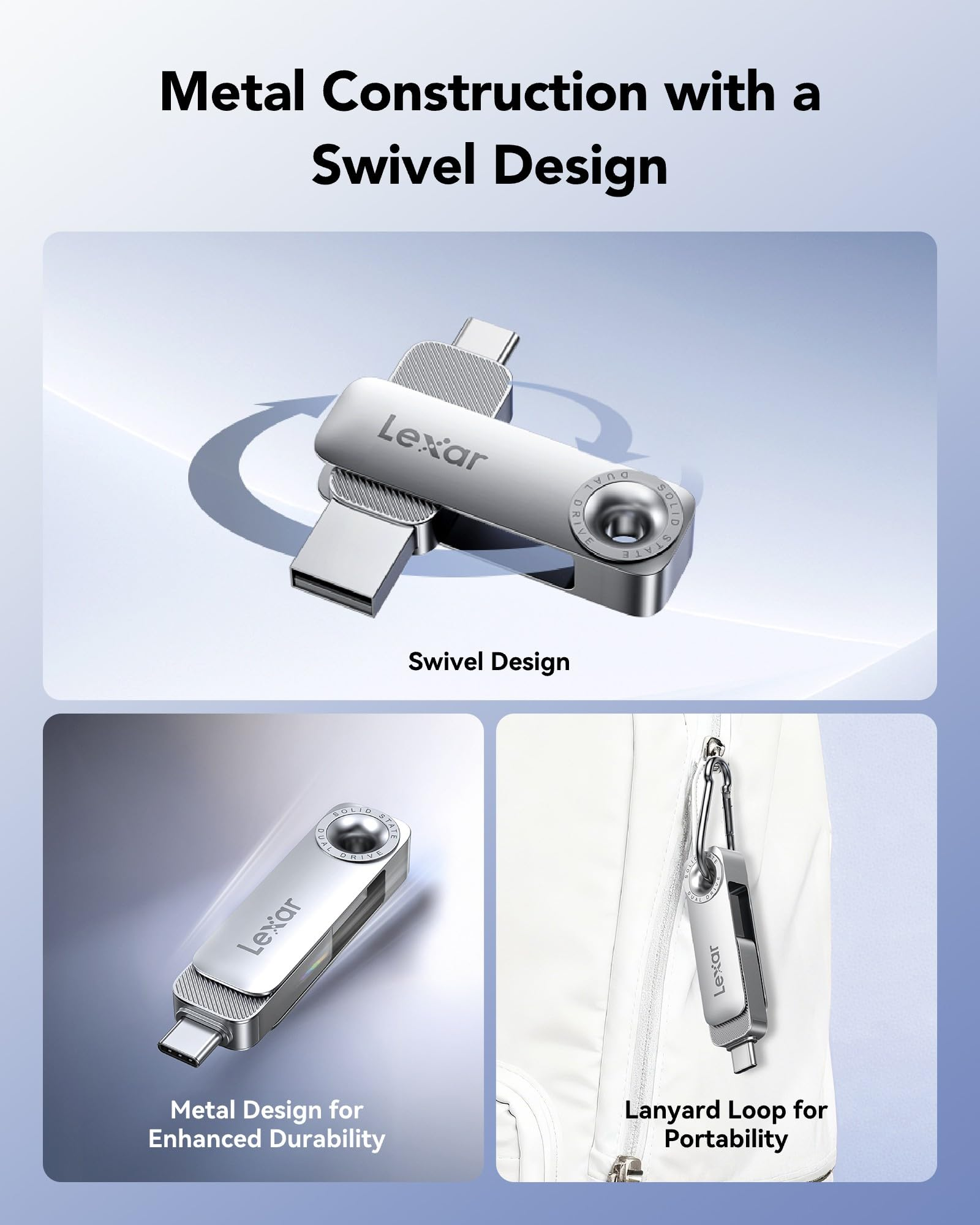 Chiavetta USB Lexar in metallo argentato con design girevole, mostrata con laccetto su una borsa bianca.