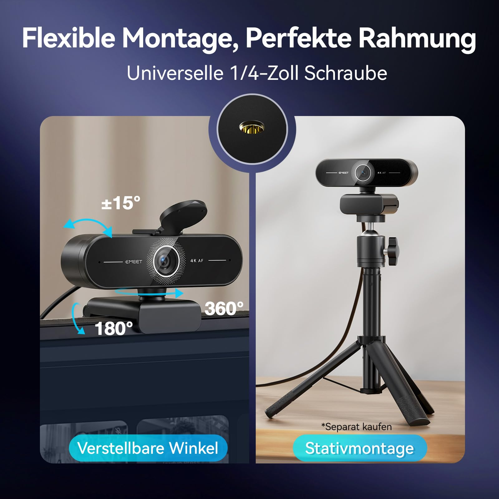 Una webcam 4K nera su monitor e treppiede, che mostra angoli regolabili.