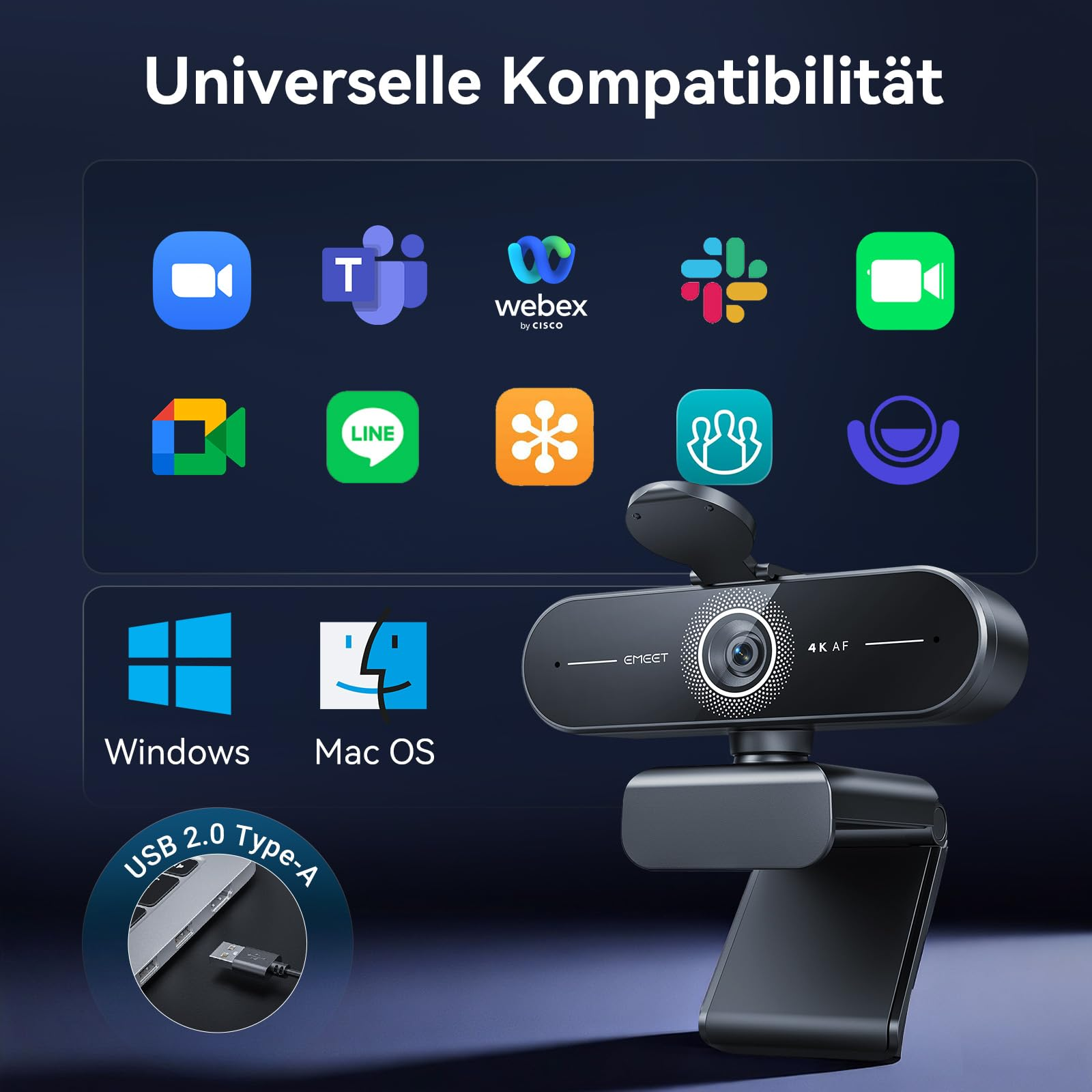 Webcam 4K Emeet con compatibilità universale per Windows, Mac e app tramite USB.