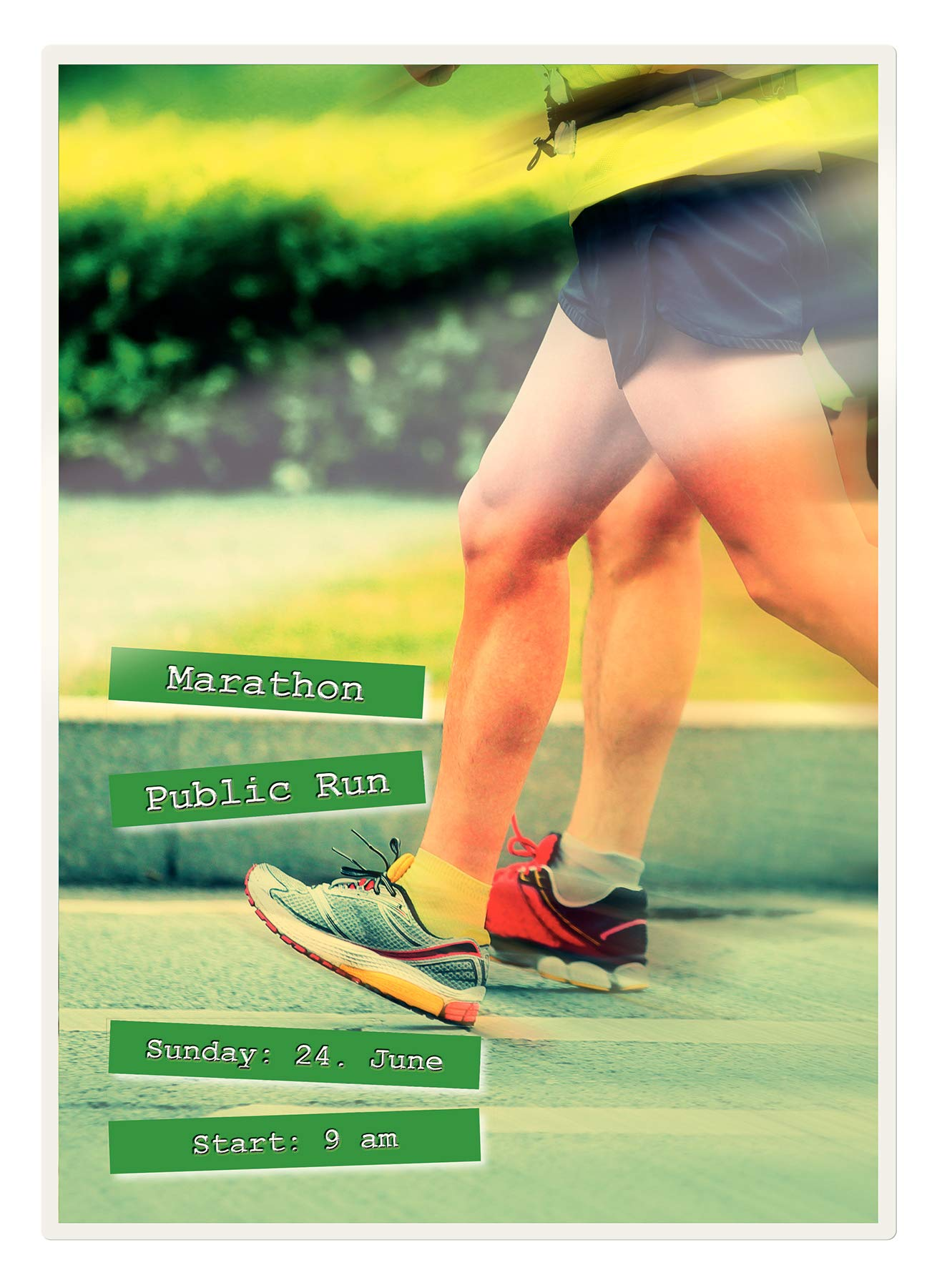Affiche pour un marathon public le dimanche 24 juin avec des jambes en train de courir.