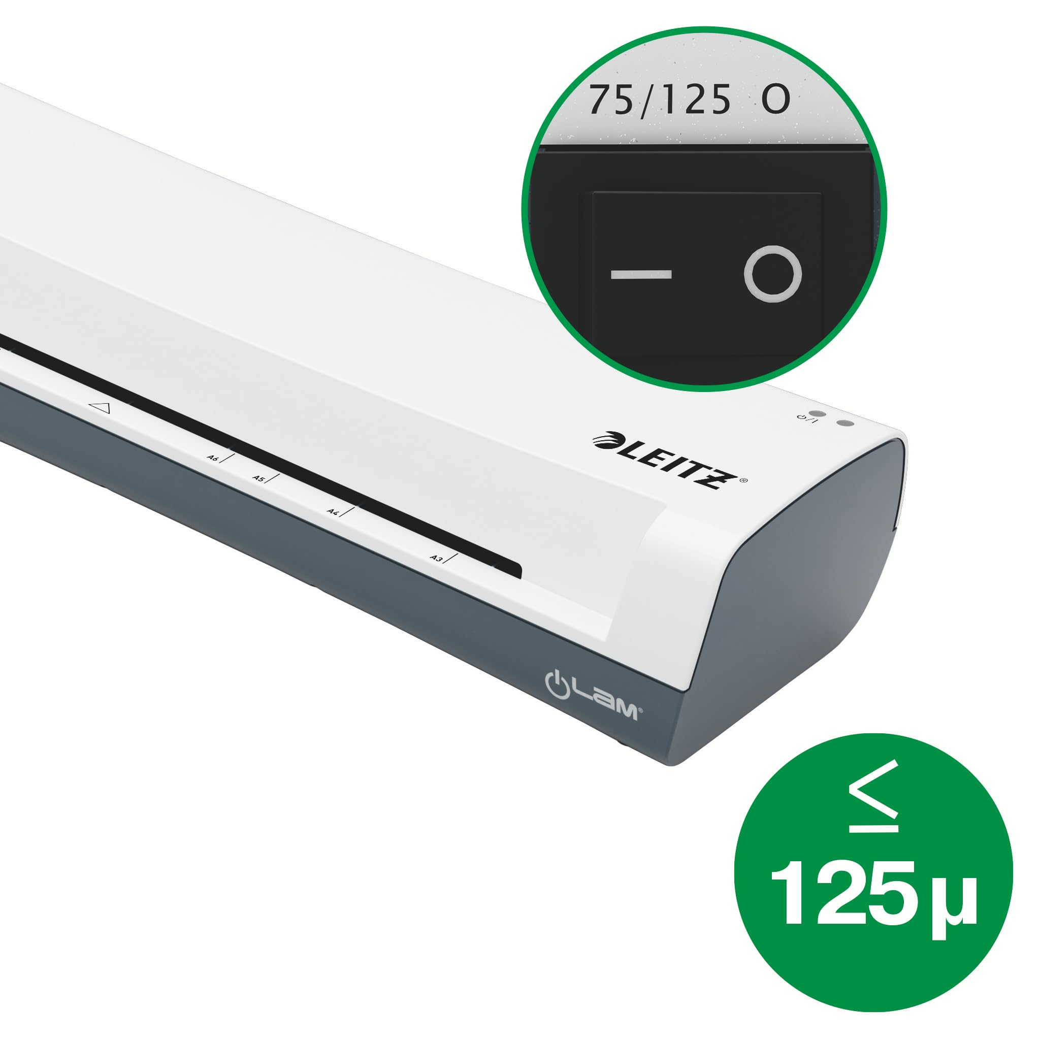 Une plastifieuse Leitz blanche et grise avec guides de taille, graphiques circulaires pour interrupteur et limite 125 microns.