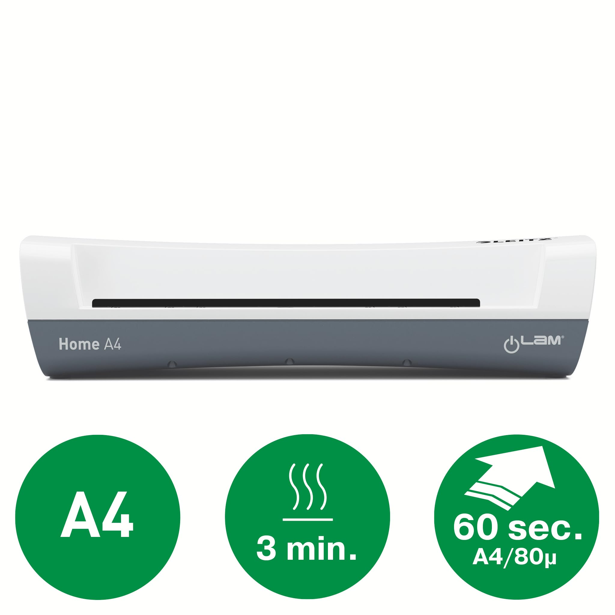 Une plastifieuse Leitz Home A4 blanche et grise avec trois icônes vertes en dessous pour A4, 3 minutes et 60 secondes.