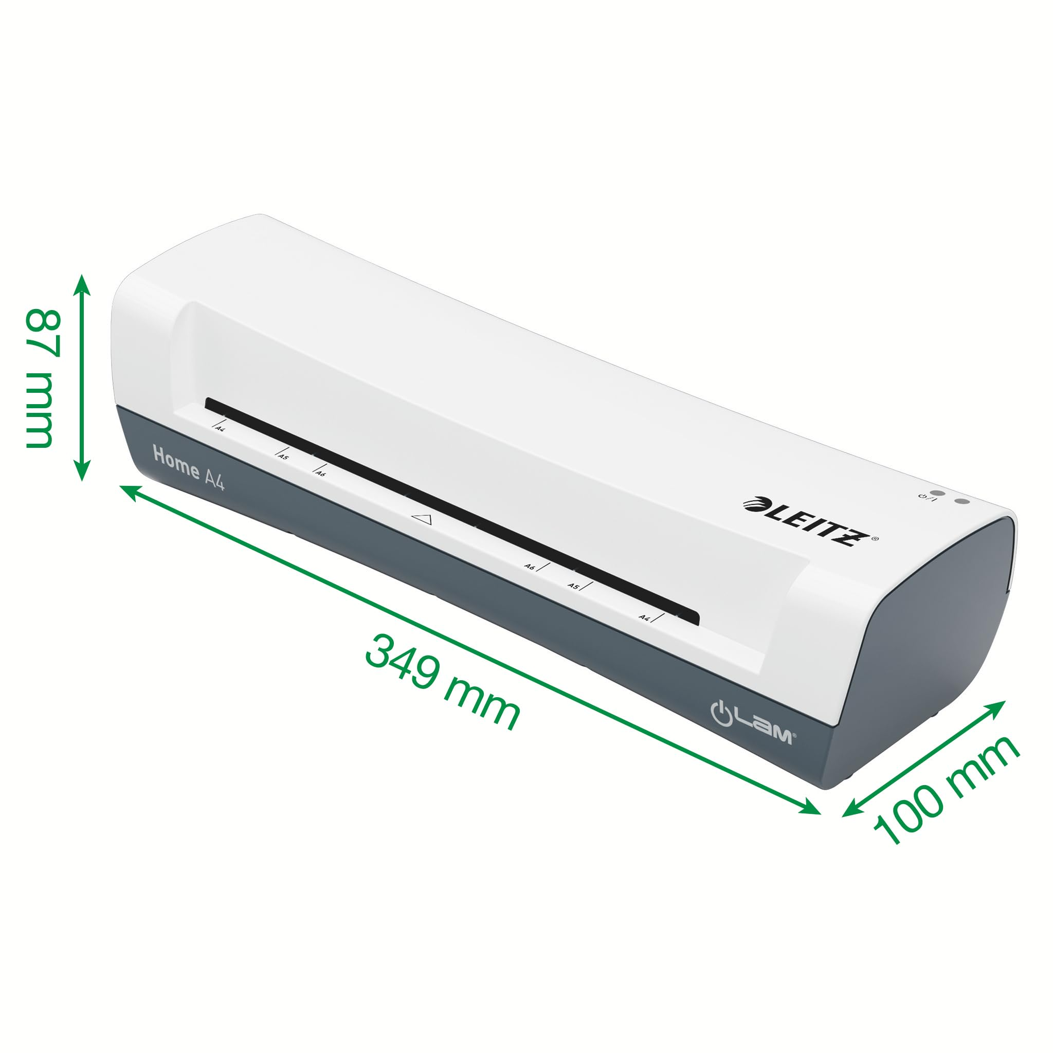 Plastifieuse blanche Leitz Home A4 aux dimensions 349x100x87 mm sur fond blanc.
