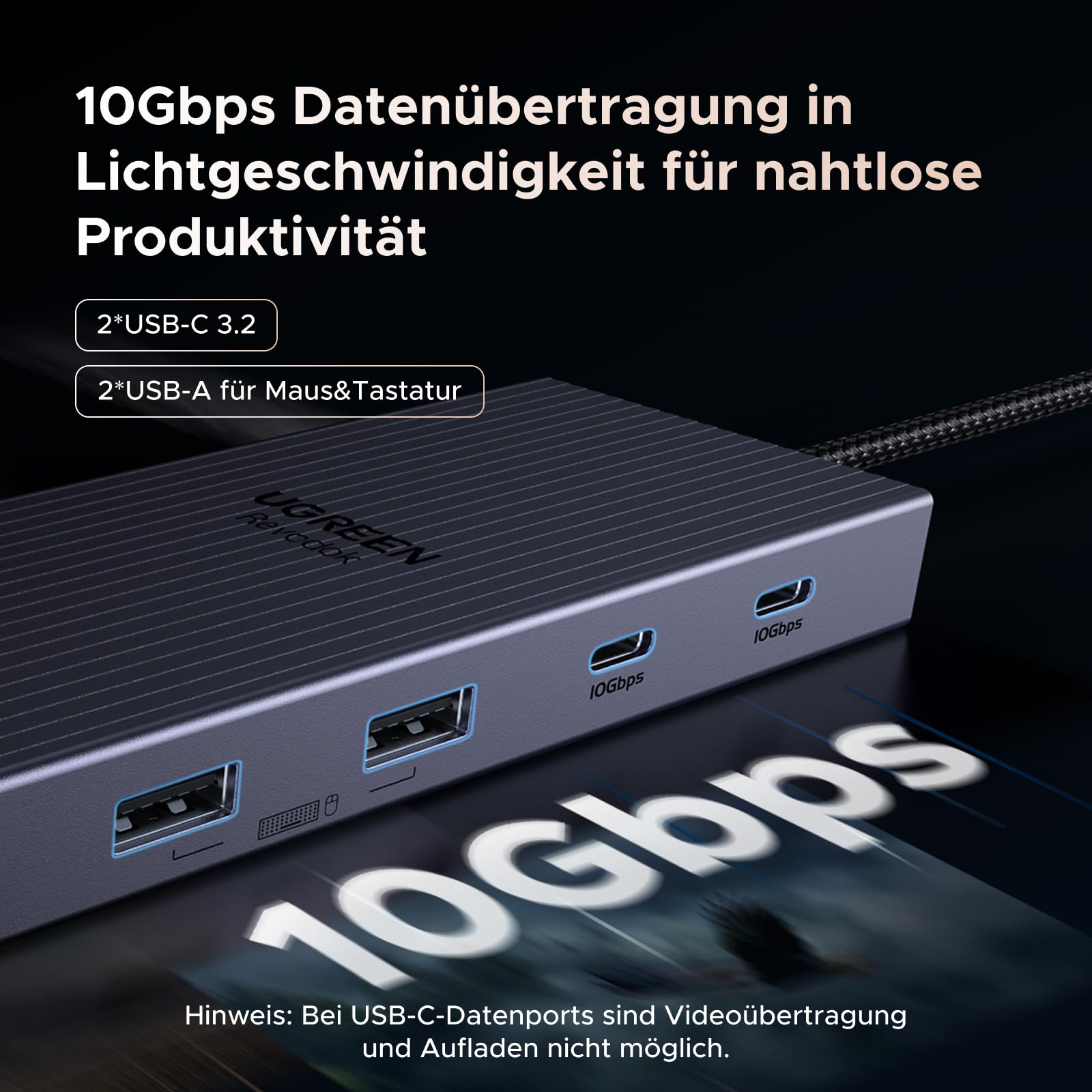 Hub USB-C Ugreen gris doté de plusieurs ports USB-C et USB-A pour un transfert de données rapide.