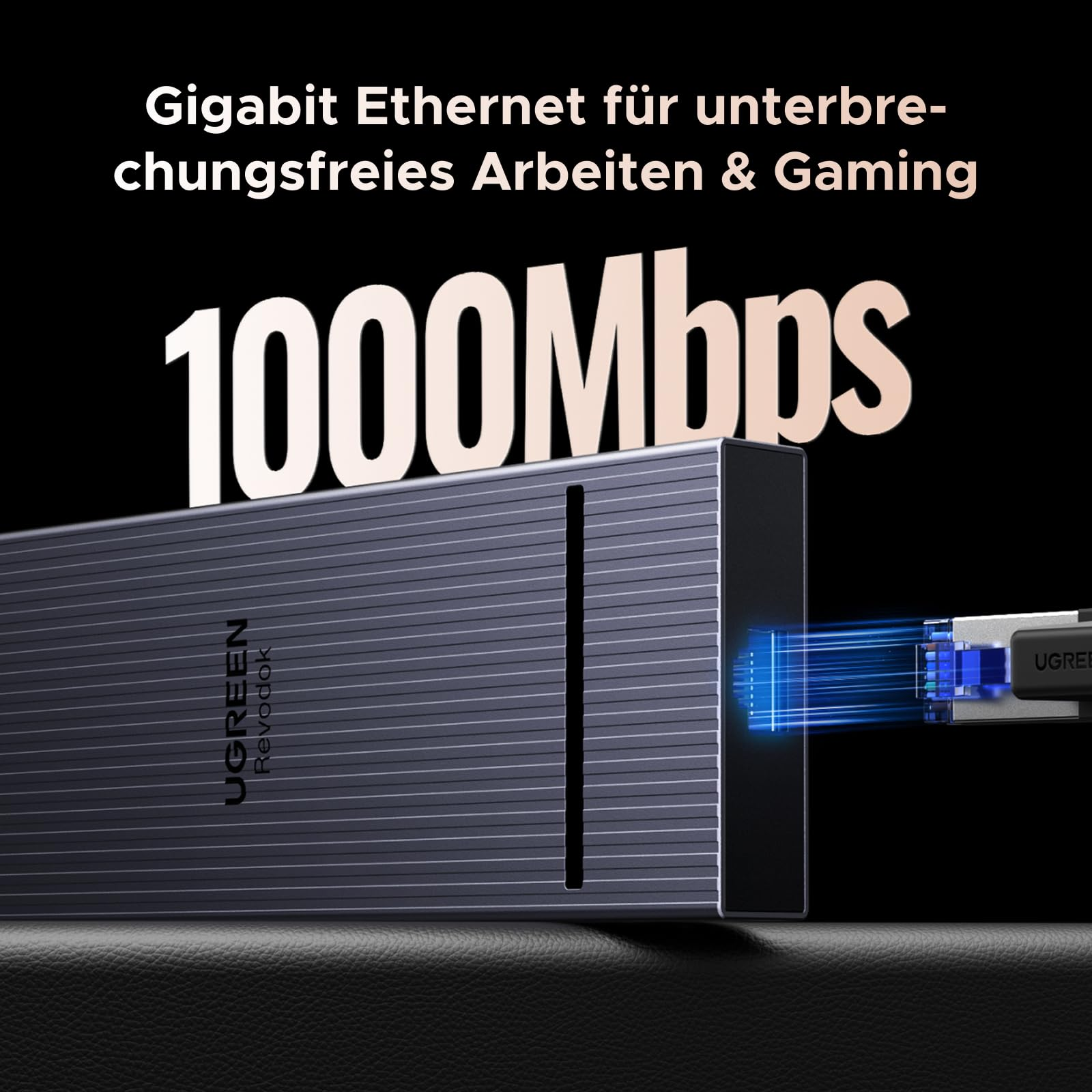 Un adaptateur Gigabit Ethernet UGREEN avec un câble branché, annonçant une vitesse de 1000 Mbps.