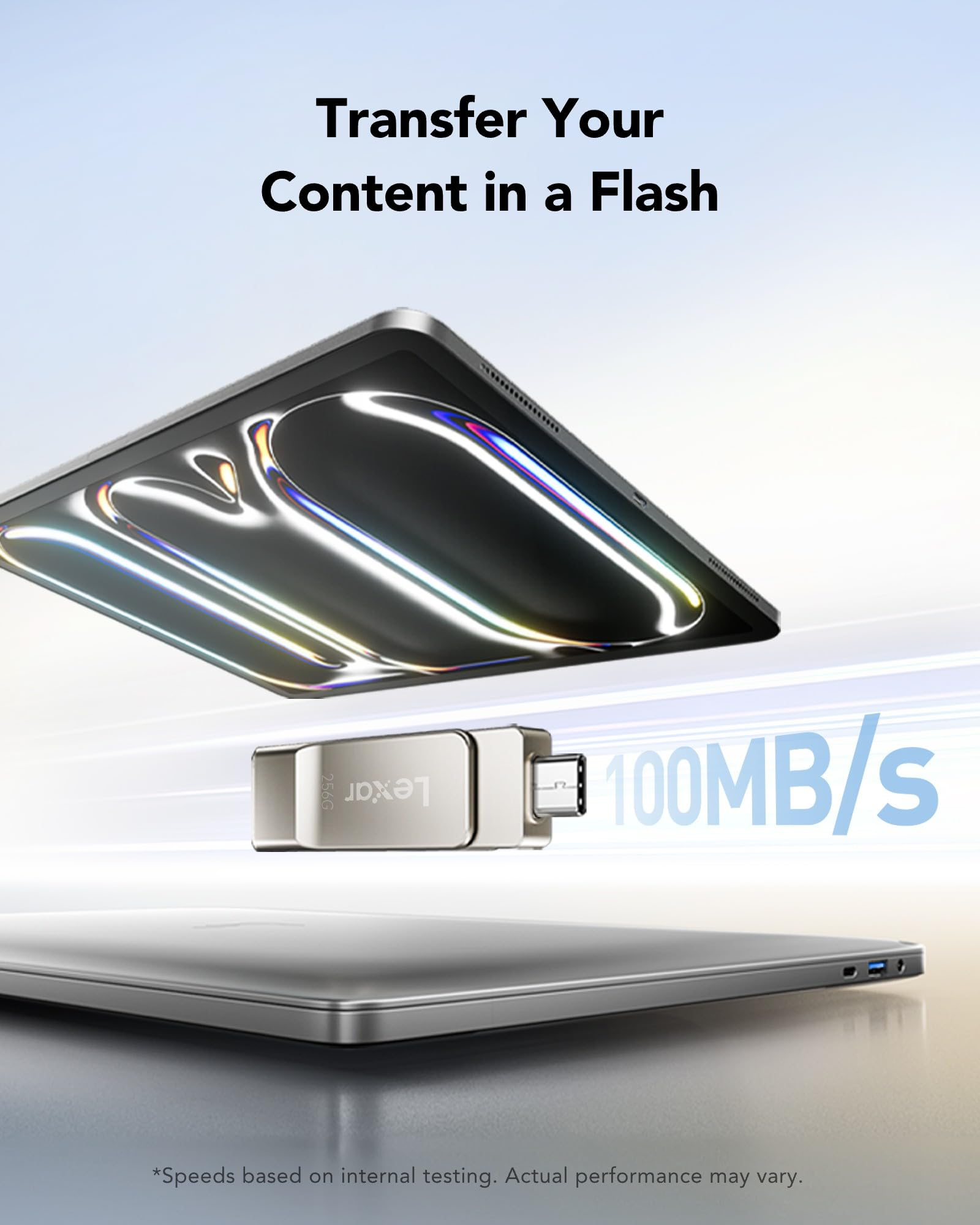 Immagine promozionale che mostra una chiavetta USB da 100MB/s, laptop e dispositivo lucido.
