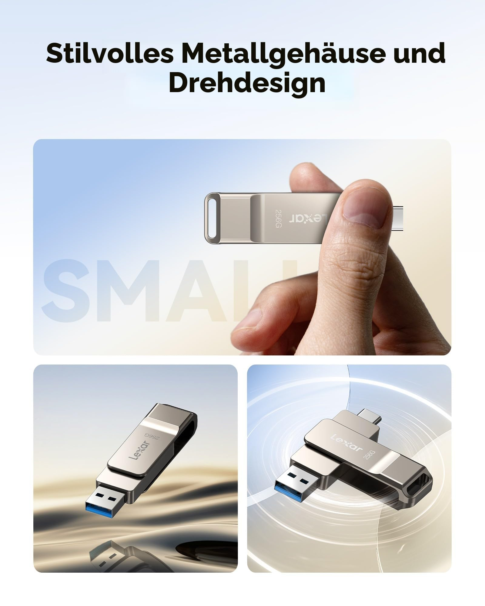 Chiavetta USB argentata con involucro metallico girevole in varie viste.