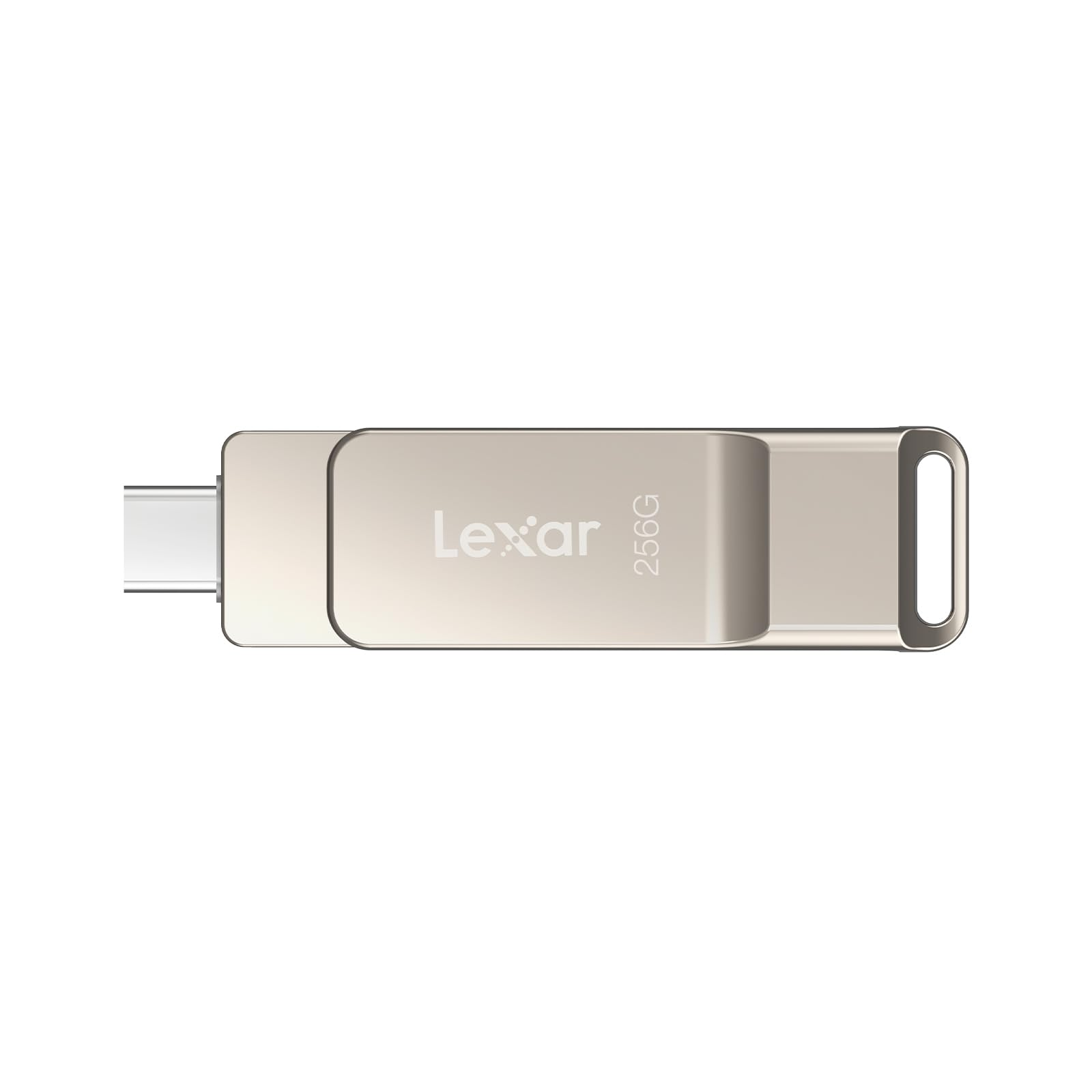 Una chiavetta USB-C Lexar argento da 256 GB con asola su sfondo bianco.