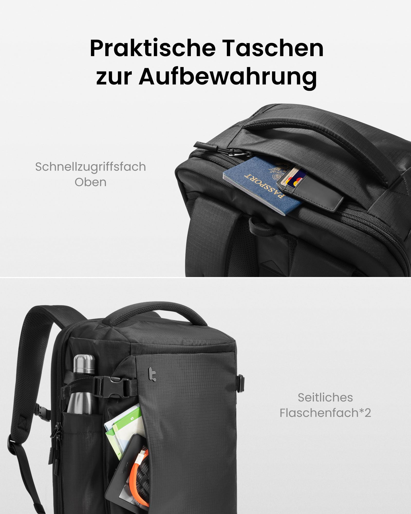 Ein schwarzer Rucksack mit einer oberen Schnellzugrifftasche für den Reisepass und seitlichen Flaschenfächern.
