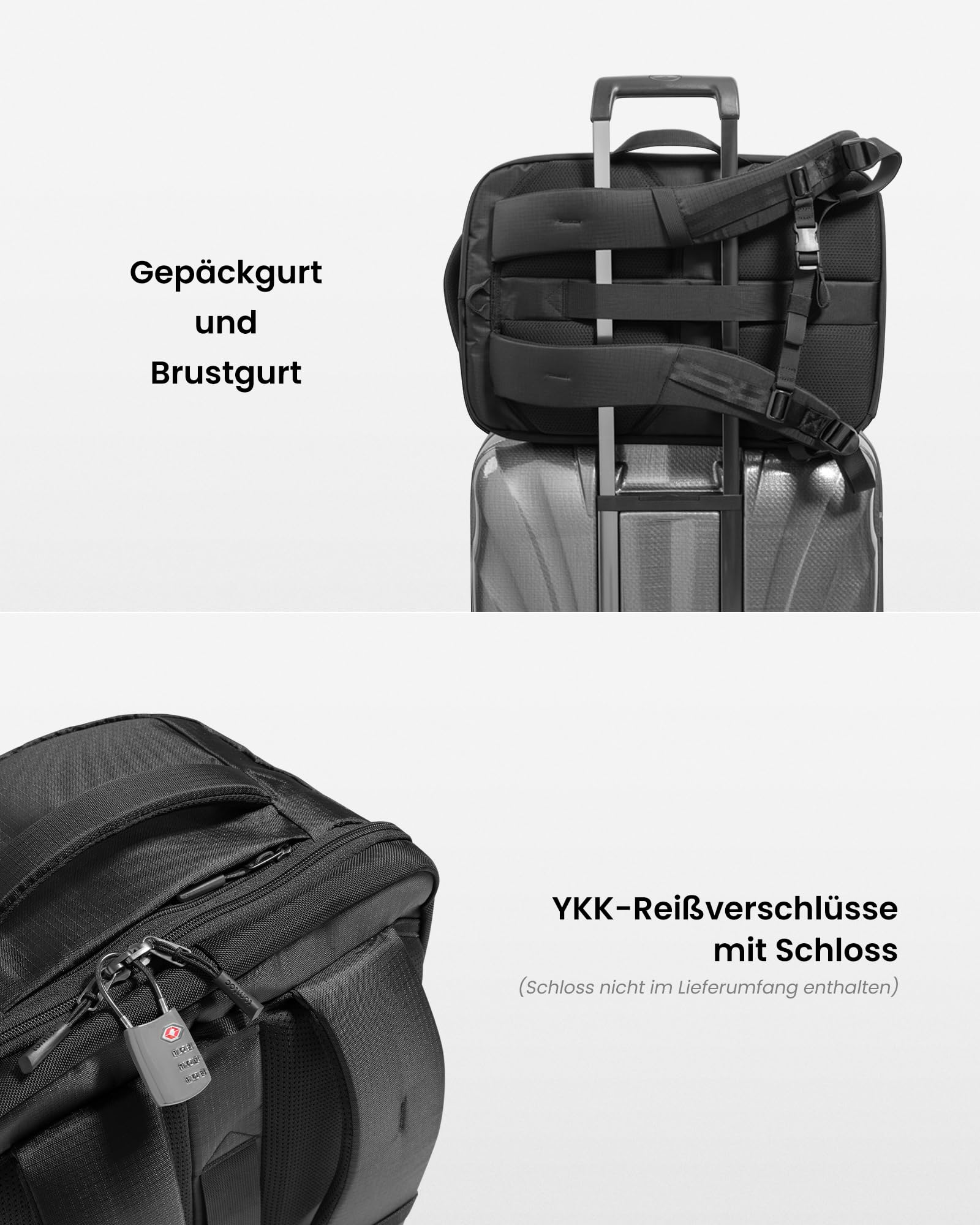 Ein schwarzer Rucksack am Koffergriff und einer mit YKK-Reißverschluss und Schloss vor grauem Hintergrund.