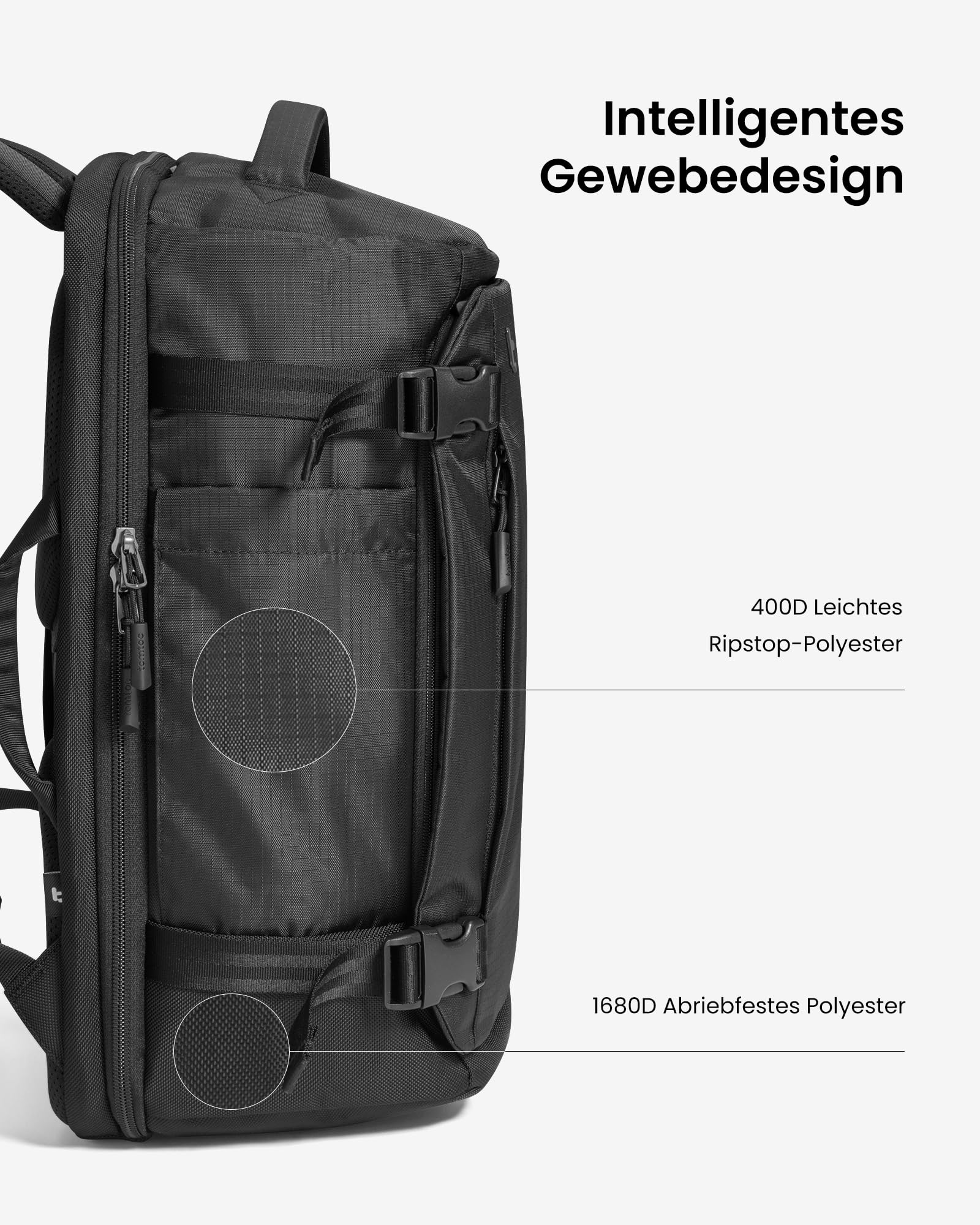 Schwarzer Rucksack mit Angaben zum Ripstop- und Polyestergewebe auf hellem Hintergrund.