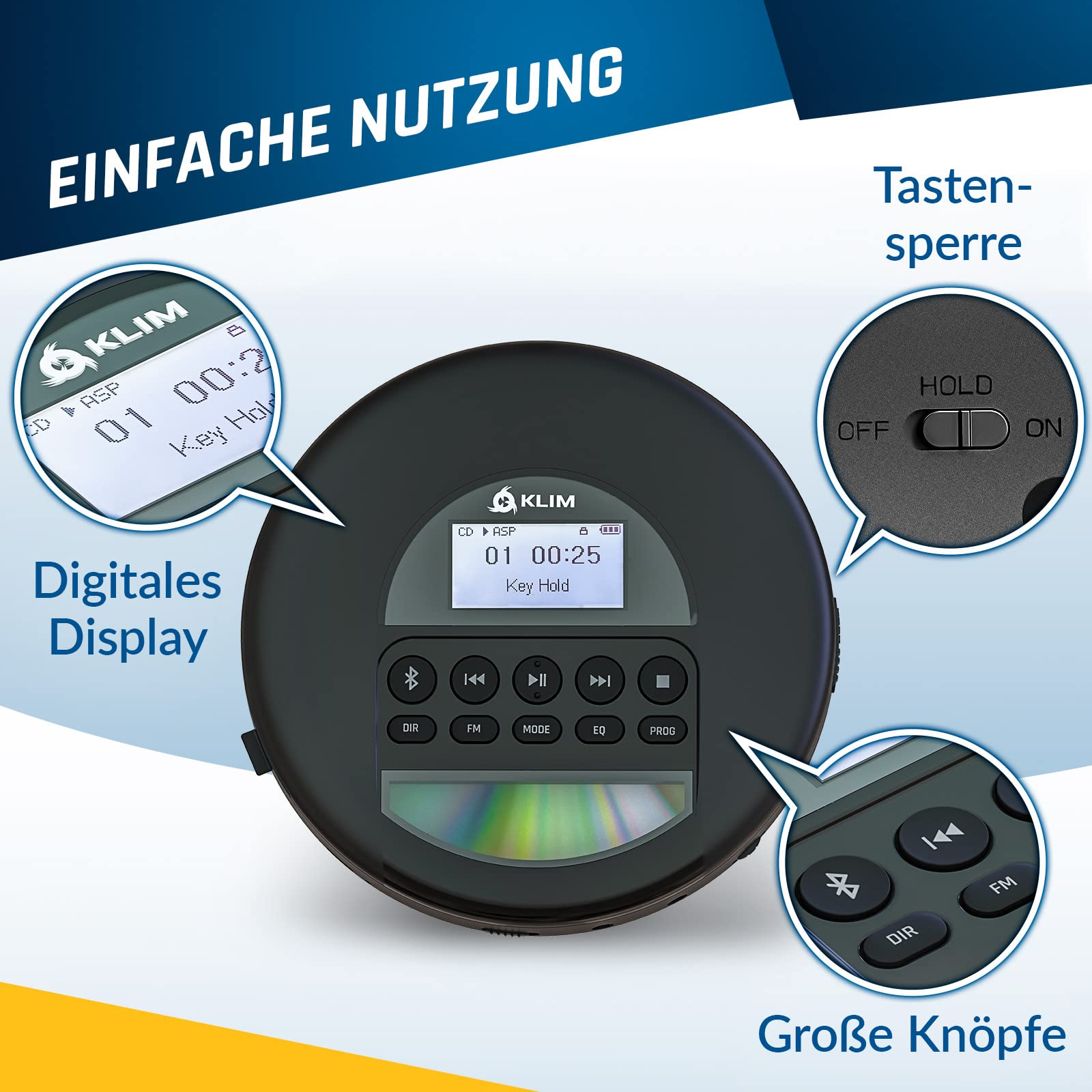 Ein schwarzer KLIM CD-Player mit digitalem Display, großen Tasten und einer Einschaltsperre.