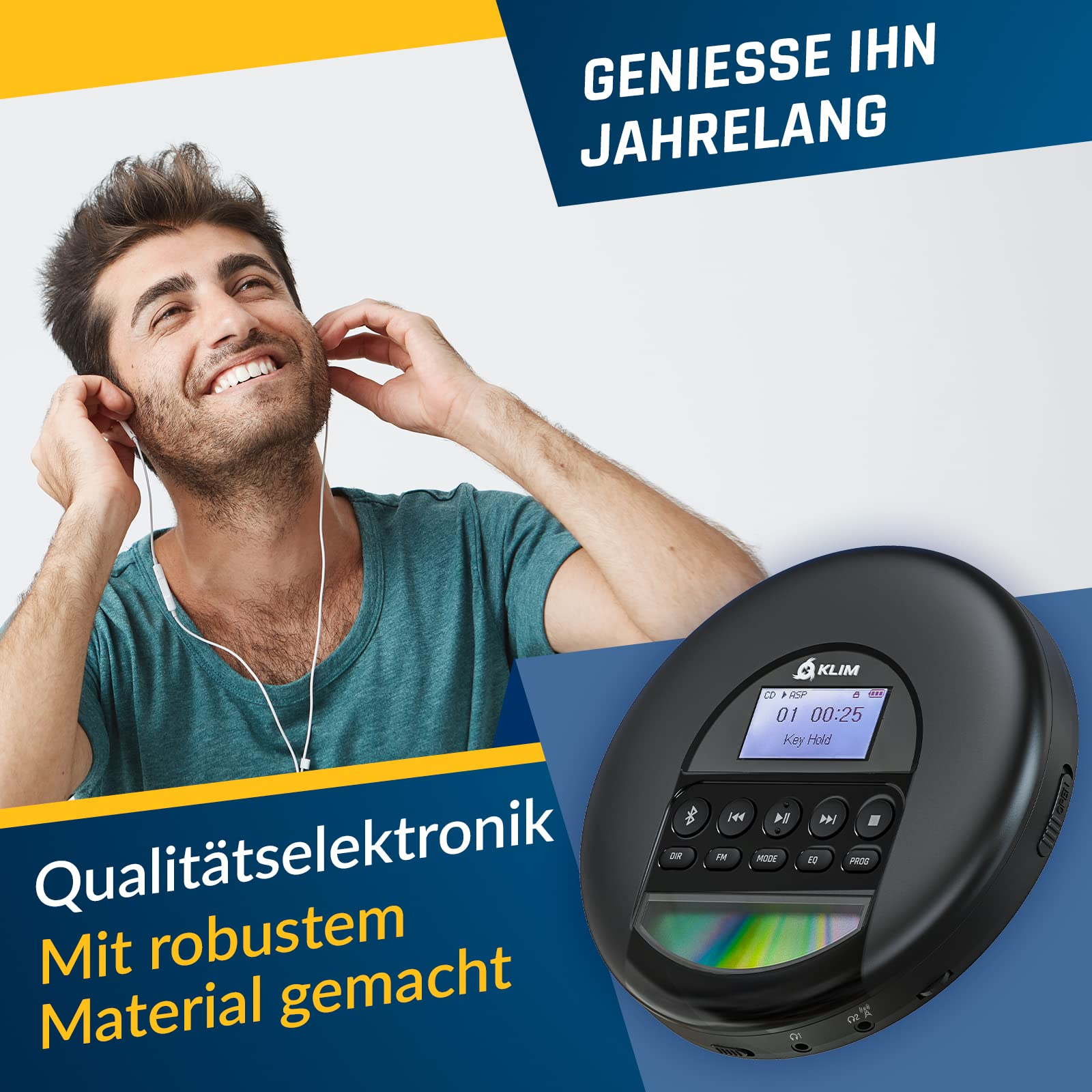 Mann lächelt und hört Musik über Ohrhörer, daneben ein schwarzer tragbarer CD-Player und deutscher Text.