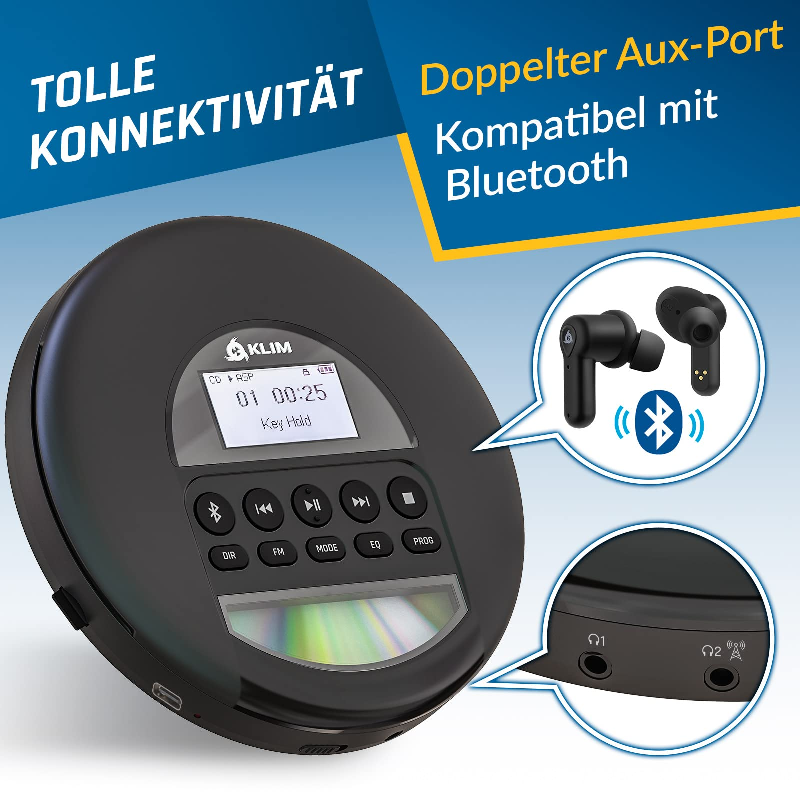 Schwarzer KLIM CD-Player mit Bluetooth-Funktion, zwei Aux-Anschlüssen und digitalem Display vor blauem Hintergrund.
