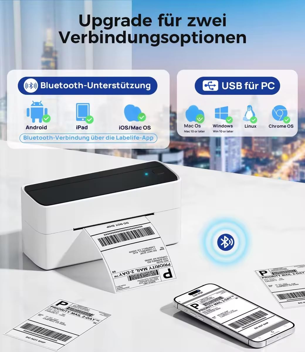 Une imprimante thermique blanche imprime des étiquettes, montrant les options de connectivité Bluetooth et USB.