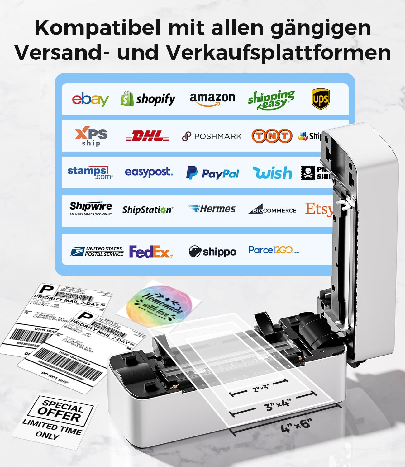 Une imprimante thermique blanche entourée d'étiquettes d'expédition et de logos de diverses plateformes e-commerce.