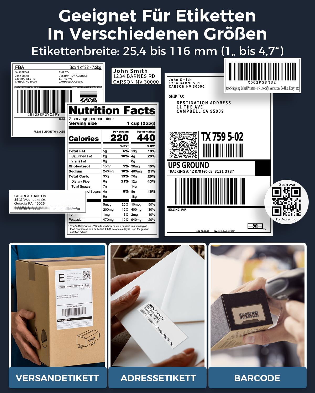 Diverses étiquettes telles que des étiquettes d'expédition, d'adresse et des codes-barres sur fond sombre.