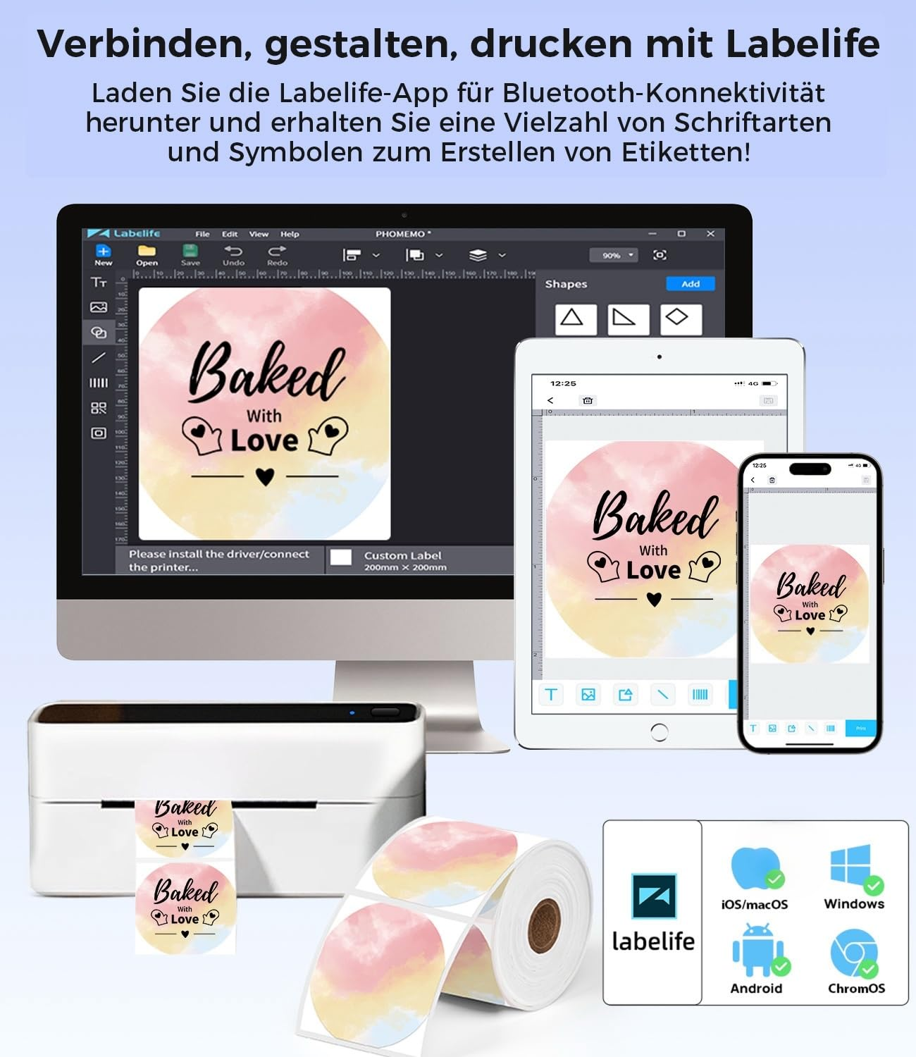 Application Labelife sur ordinateur, tablette et smartphone pour créer des étiquettes avec une imprimante.