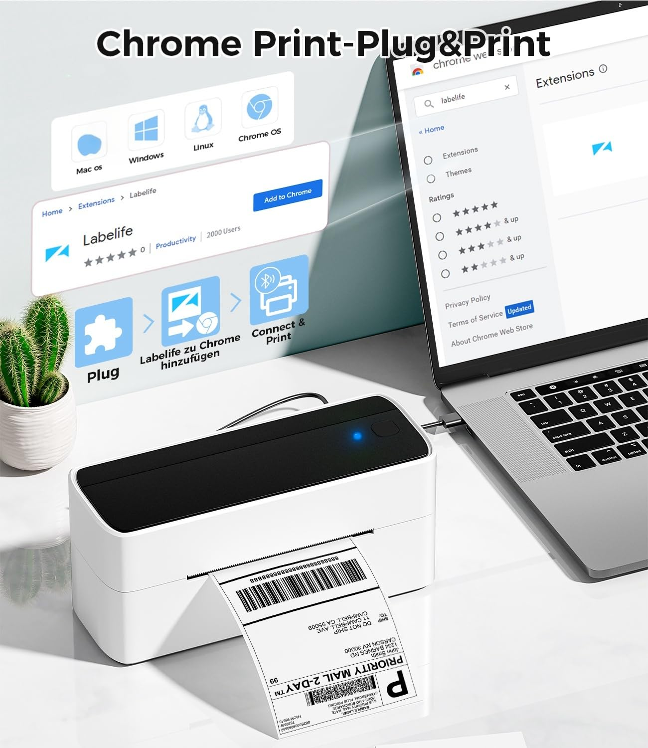 Une imprimante d'étiquettes blanche connectée à un ordinateur portable avec une extension.