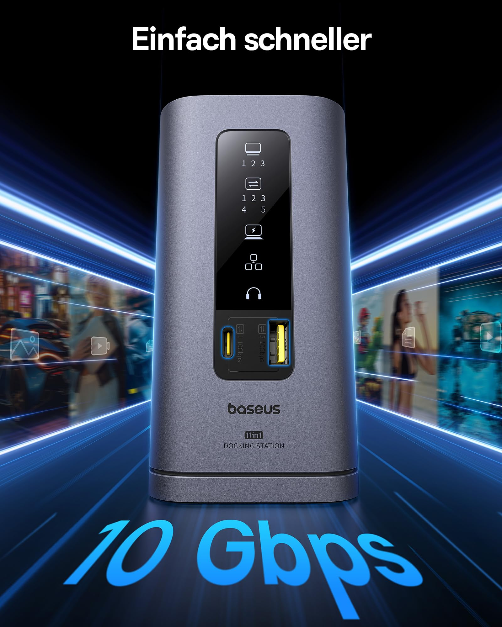 Stazione di docking grigia Baseus 11 in 1 da 10 Gbps, circondata da flussi di dati blu.