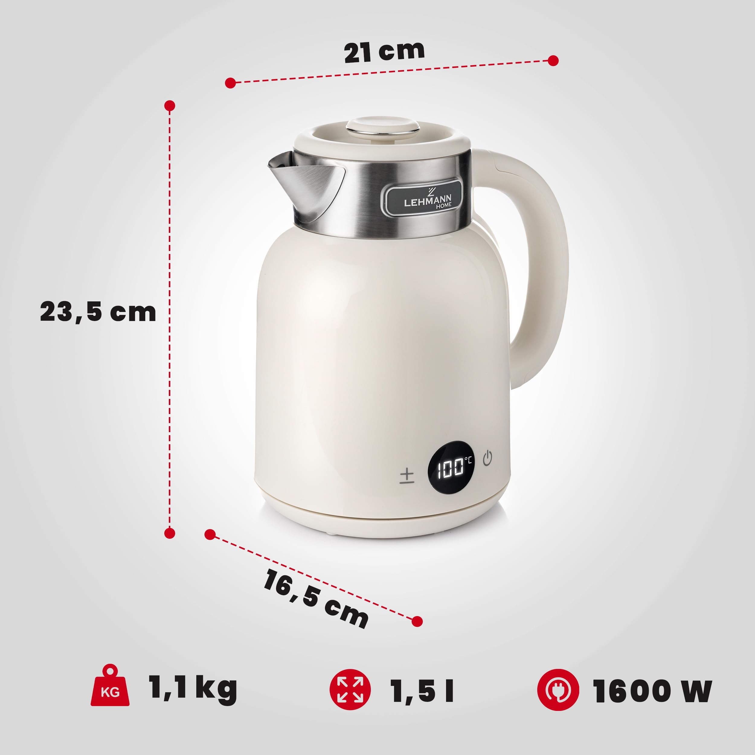 Bollitore crema con display digitale, dimensioni 21x23,5x16,5 cm, 1,1 kg, 1,5 L e 1600 W.